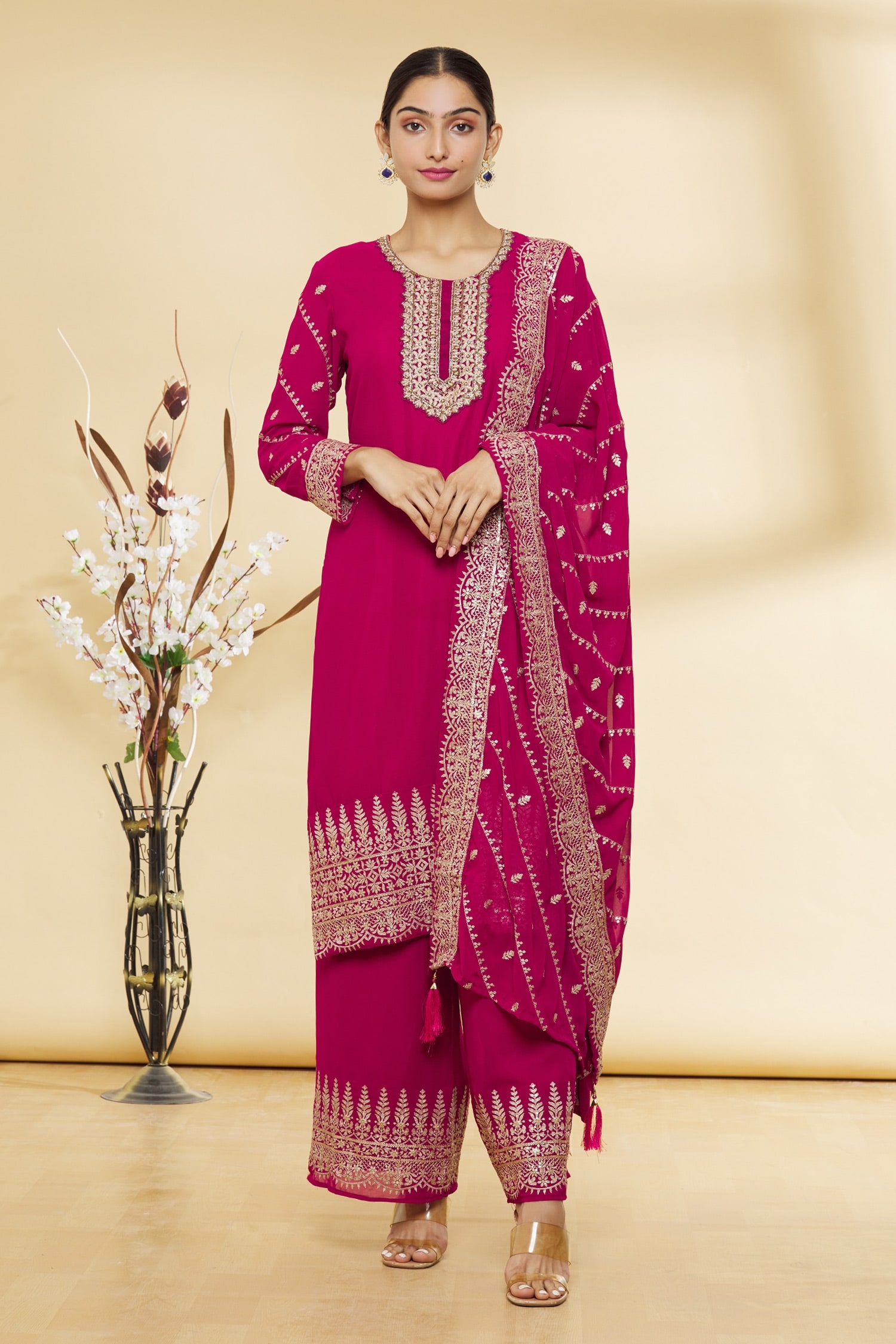 Buy Nazaakat by Samara Singh Pink Faux Floral Yoke