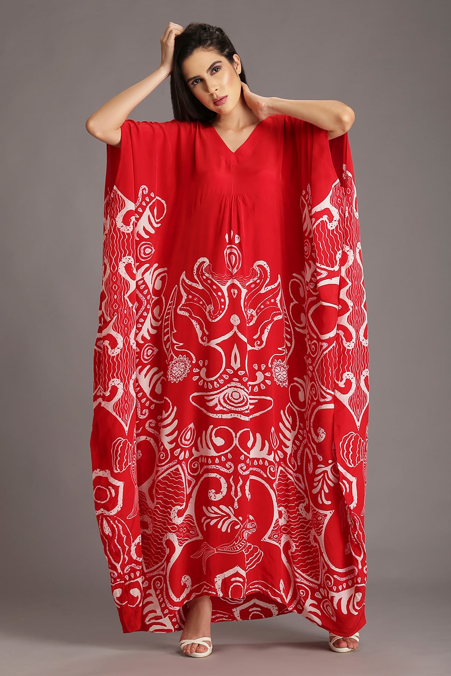 Buy Red Natural Crepe Printed Ocean V Neck Kaftan Dress For Women by ...