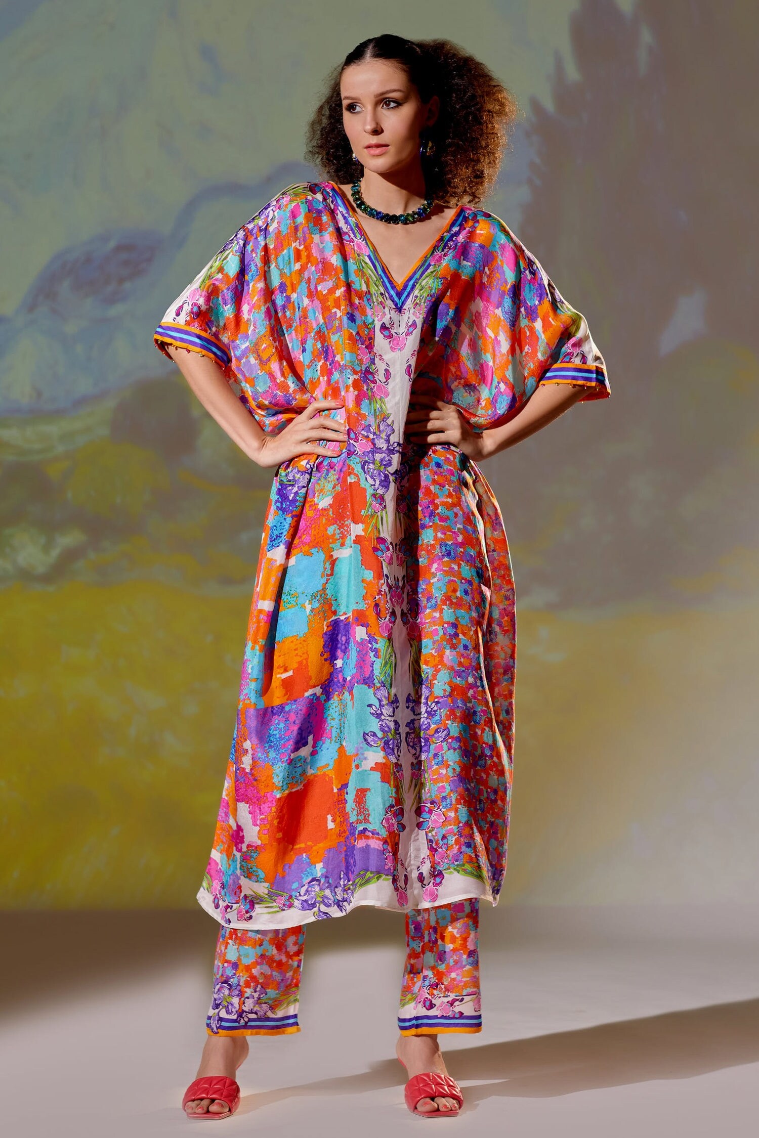Rajdeep Ranawat Multi Color Majida Silk Kaftan Tunic And Pant Set