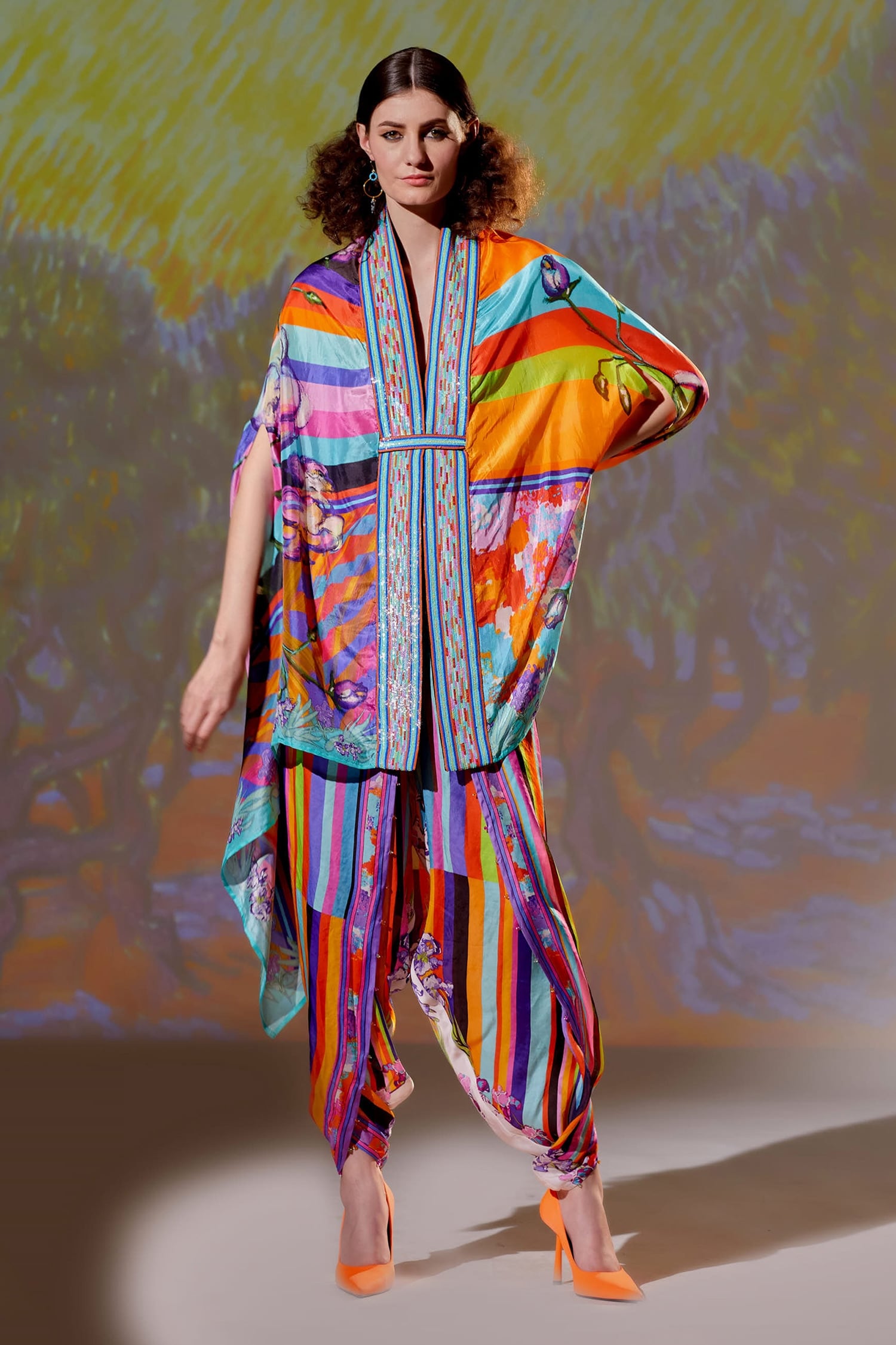 Buy Multi Color Silk Printed Geometric V Chloe Cape And Dhoti Pant Set ...