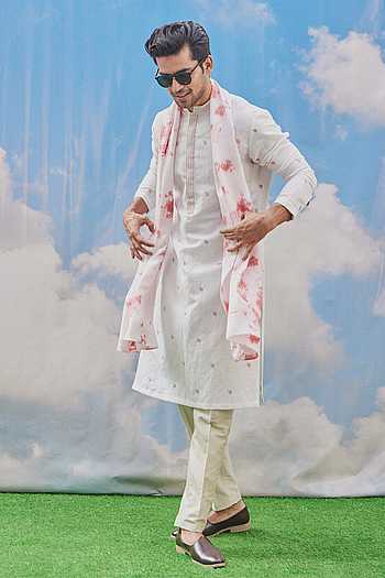 BEIGE LEAF PRINT MEN’S KURTA