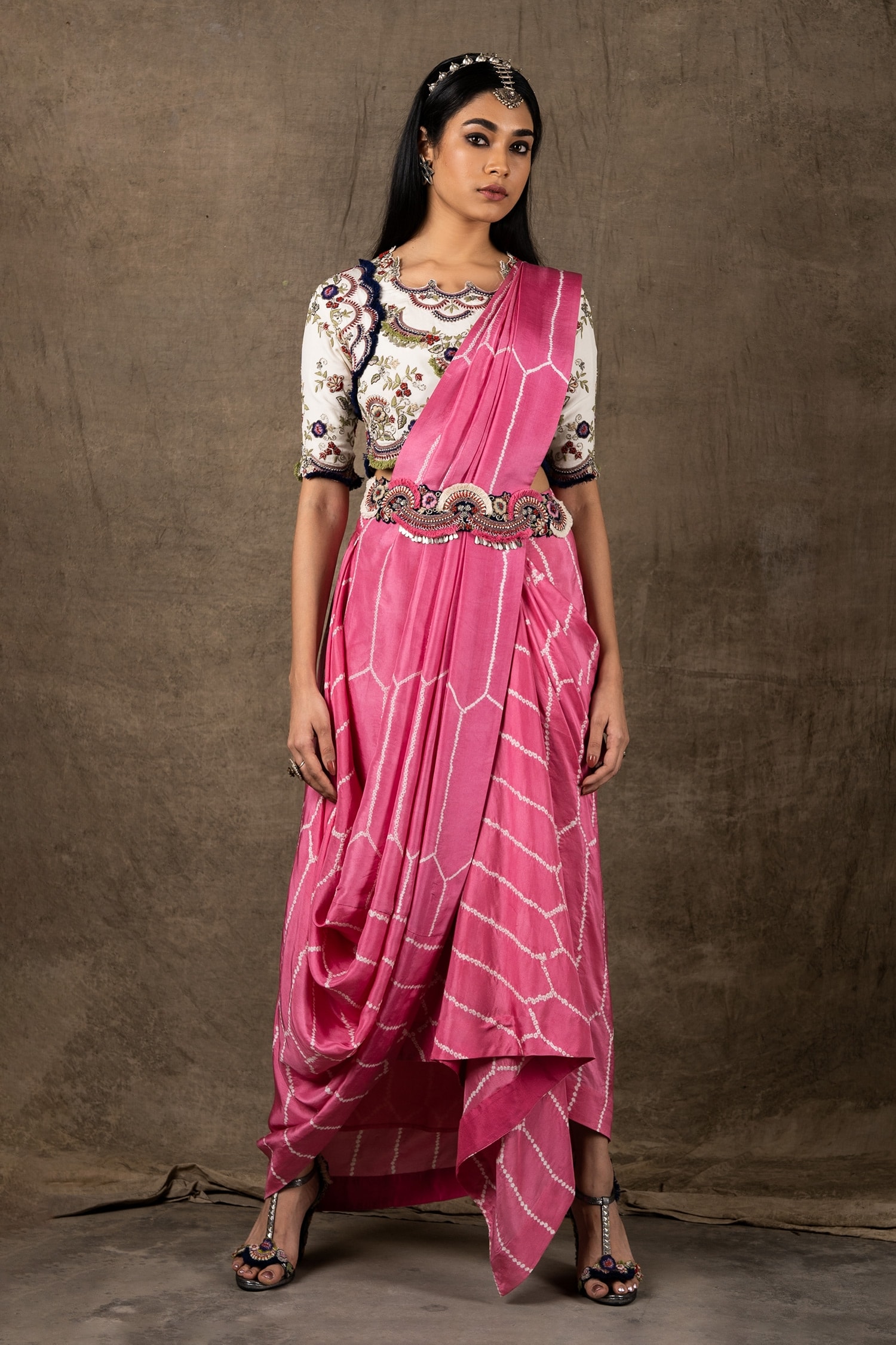 Nupur Kanoi White Silk And Crepe Embroidery & Bandhani Pre-draped Saree With Blouse For Women