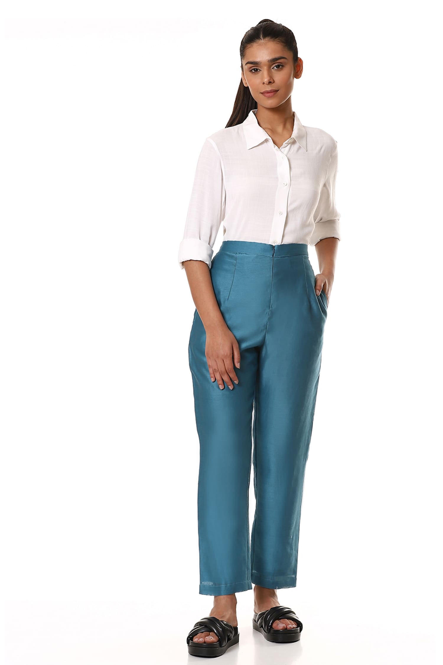 Buy Abraham  Thakore Blue Cotton Silk Straight Fit Pants Online  Aza  Fashions