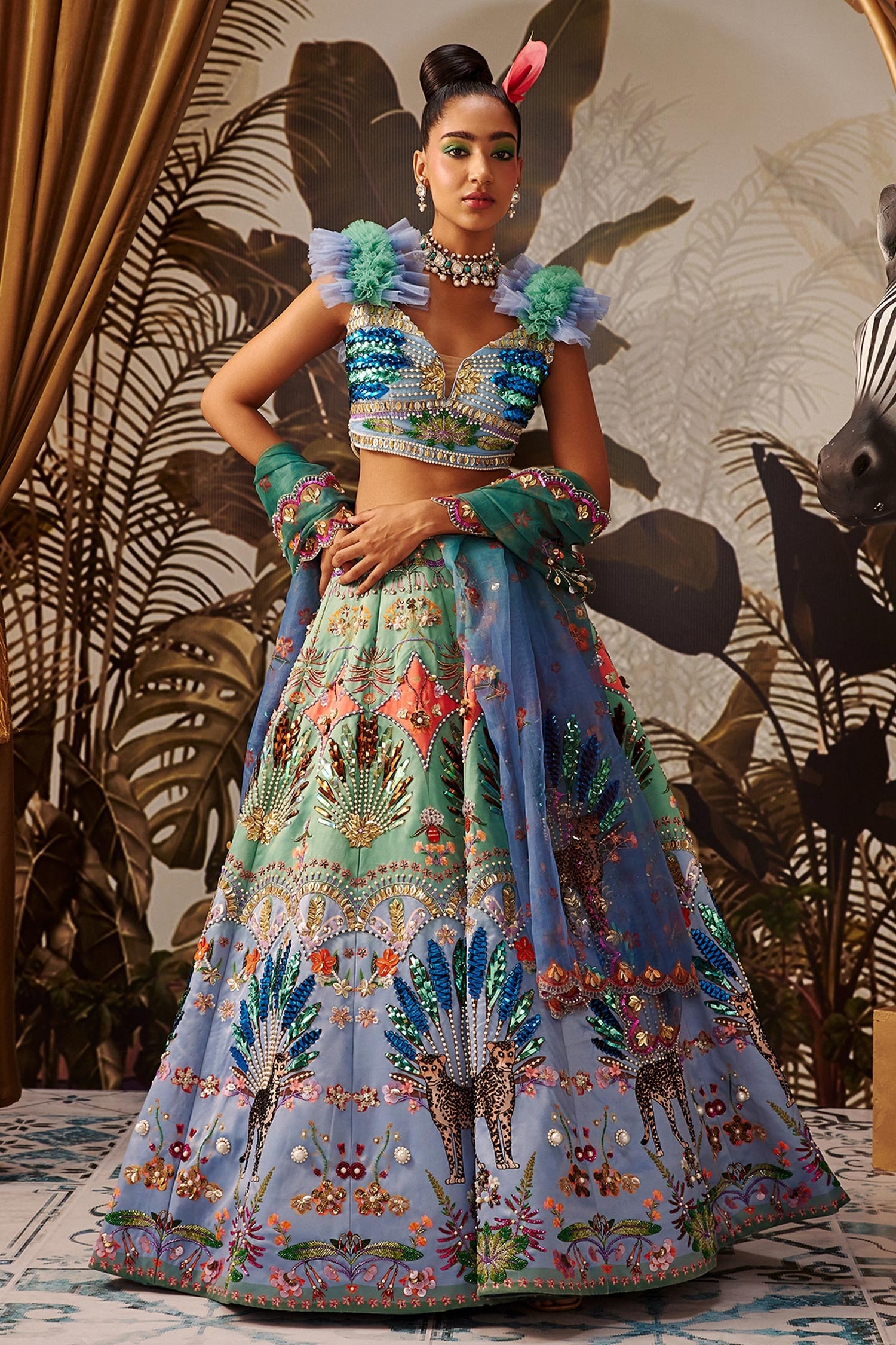 Buy Blue Imported Satin And Organza Print & Embroidery Floral Lehenga ...