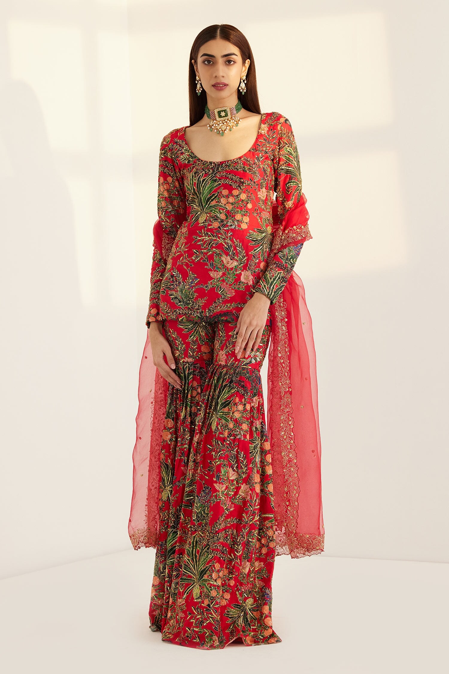 Buy Prints by Radhika Red Silk Floral Print Kurta Sharara Set Online