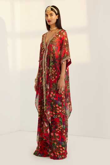RFSS738 - Muslin Silk Floral Print Kurta in Dark Red. Comes with printed Blue straight pants main image 1