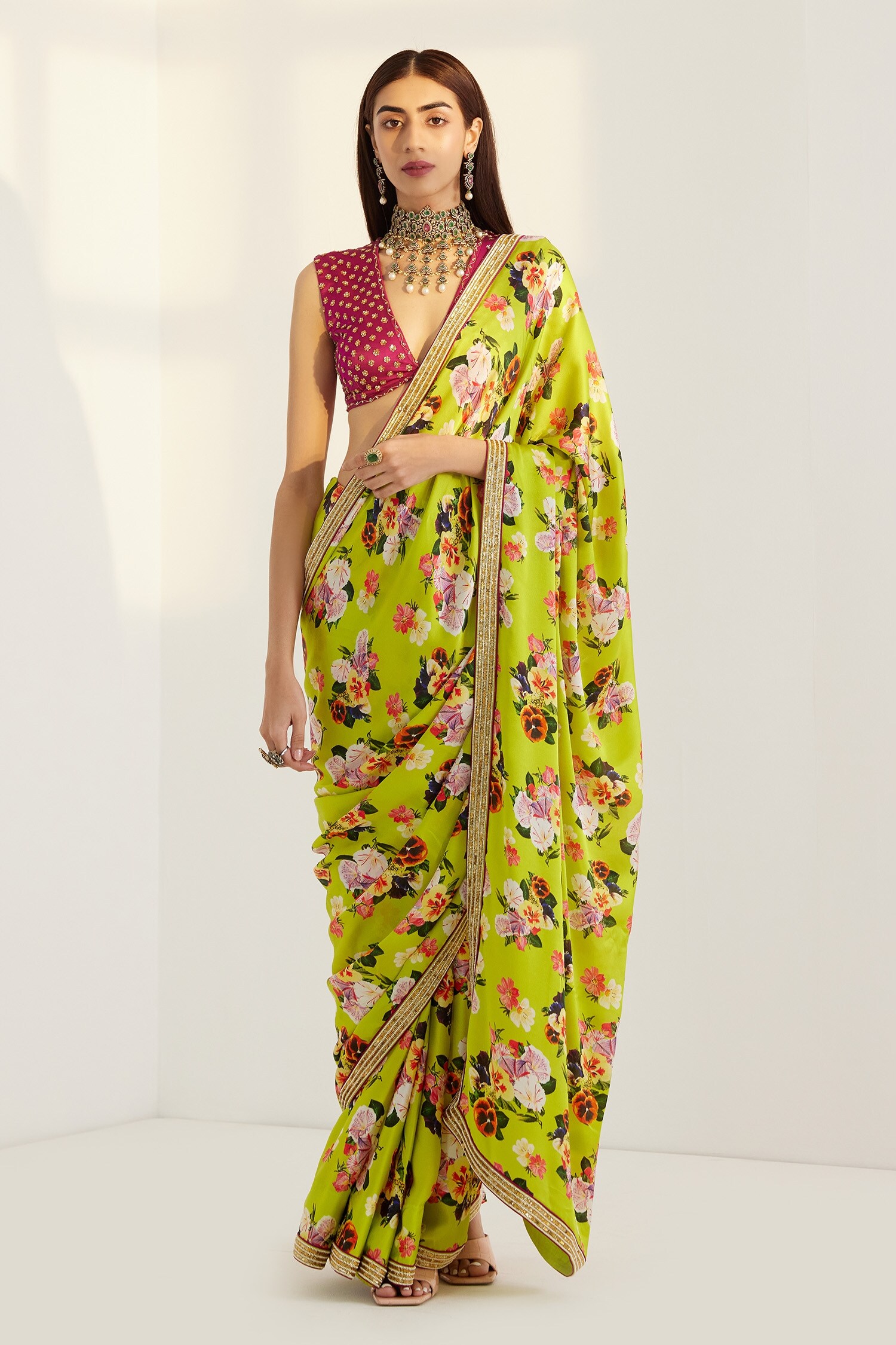 Buy Prints by Radhika Yellow Shantoon Floral Print Saree With Blouse Online Aza Fashions