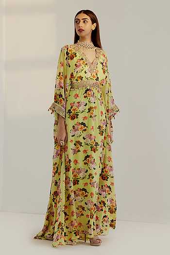 Green Floral Print Kaftan for Women – V-Neck, Flared Sleeves, Cotton Midi Dress | Indiaista