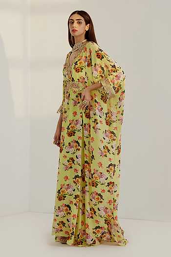 Women's Floral Print Green Kaftan Dress
