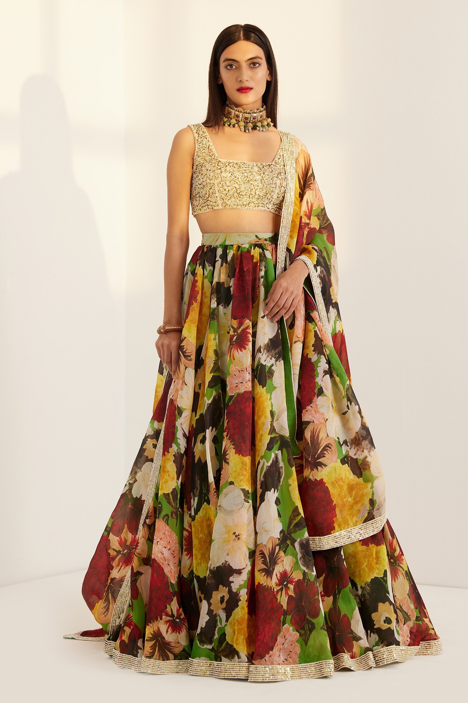 Buy Green Satin Organza And Silk; Lining Shantoon Print & Lehenga Set