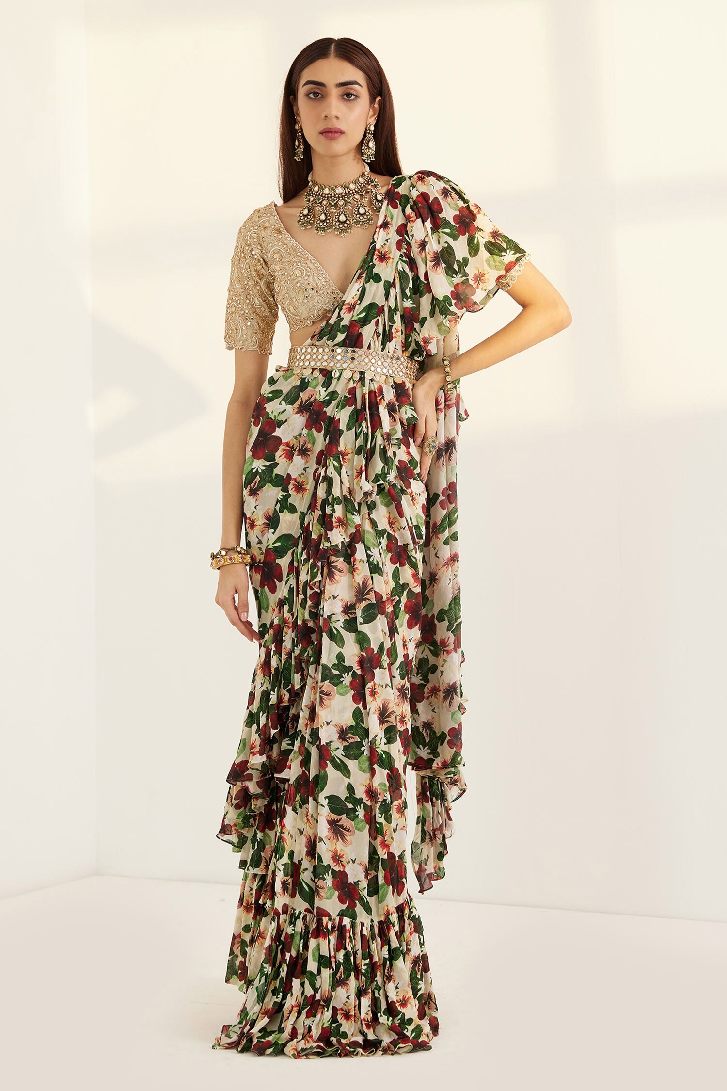 Buy Prints by Radhika White Floral Print Predraped Saree With Blouse Online Aza