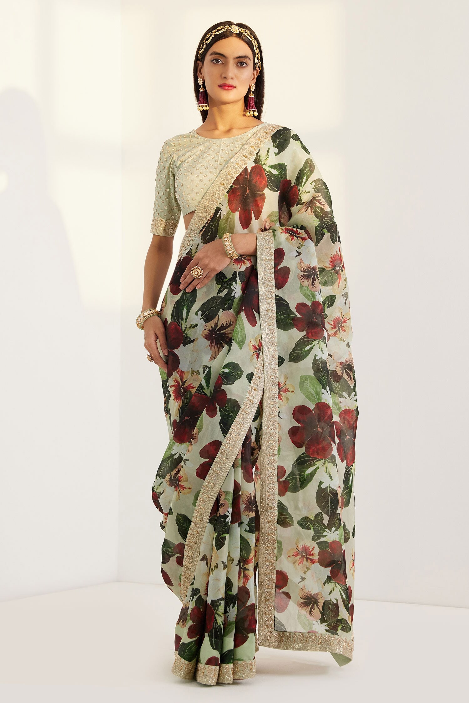 Buy Prints by Radhika White Satin Organza Floral Print Saree With Blouse Online Aza Fashions