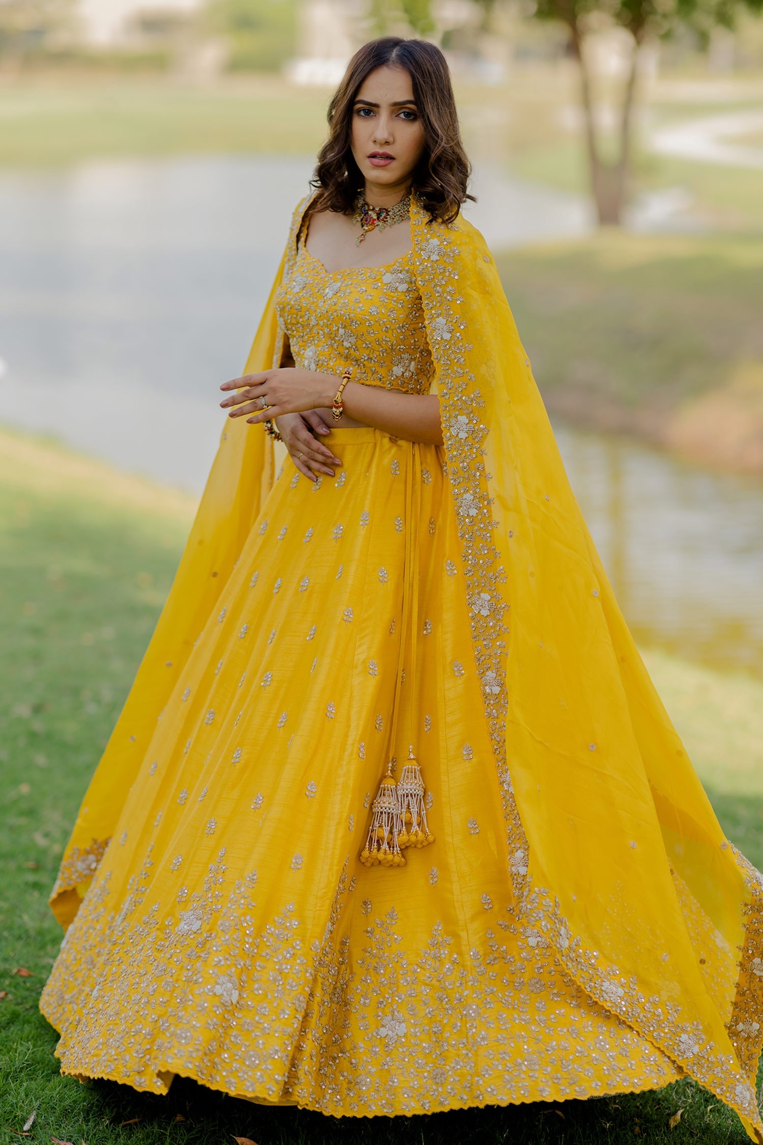 infloura Wedding Speciel Haldi Yellow Colour Lehenga Choli Made By Malay  Satin Silk Fabric Multi Embroidery Sequence And Cording Zari Work :  Amazon.in: Fashion