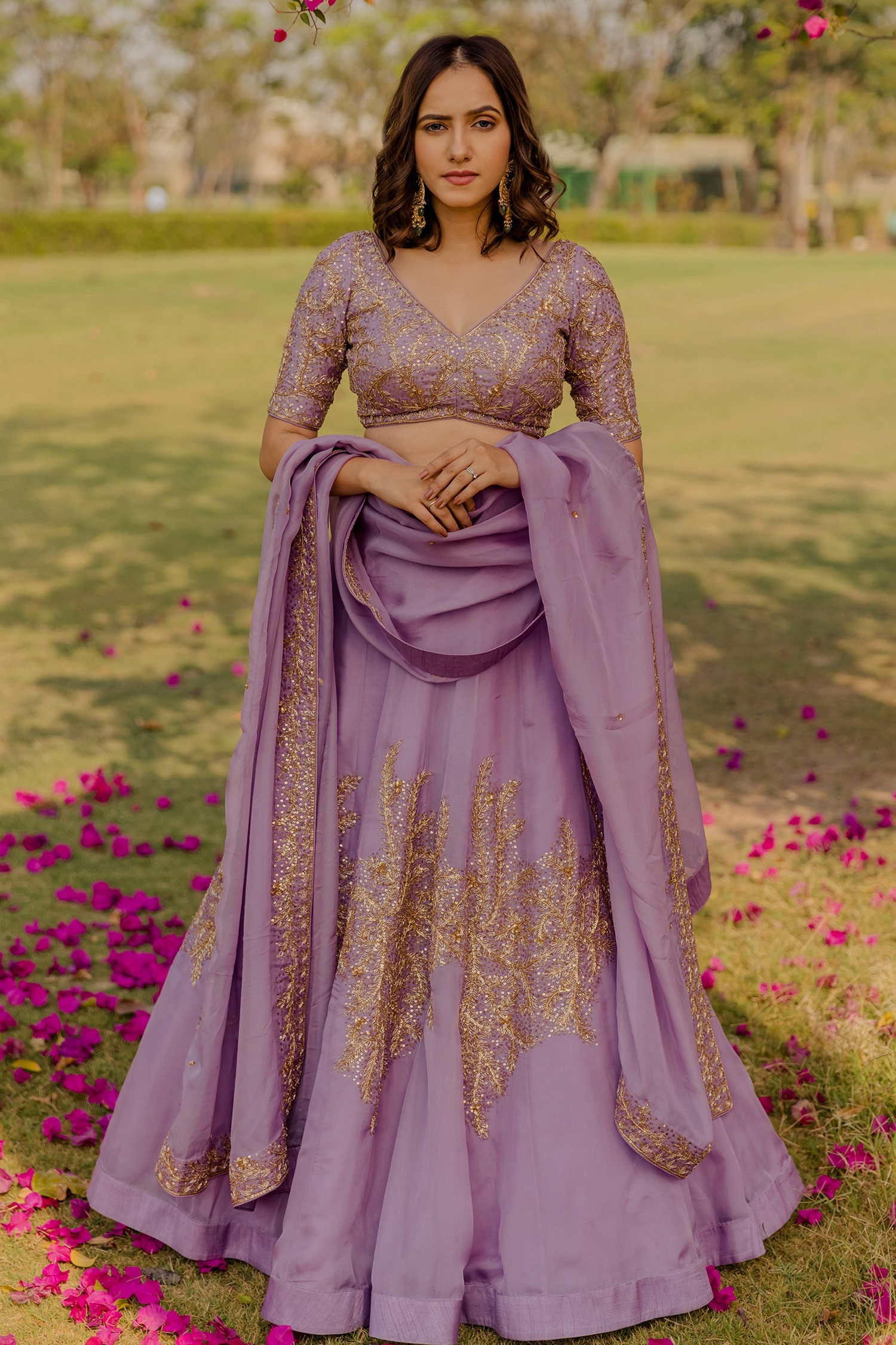 Anupraas by Nishant and Rahul - Purple Organza Embroidered Sequin V Neck  Bridal Lehenga Set For Women