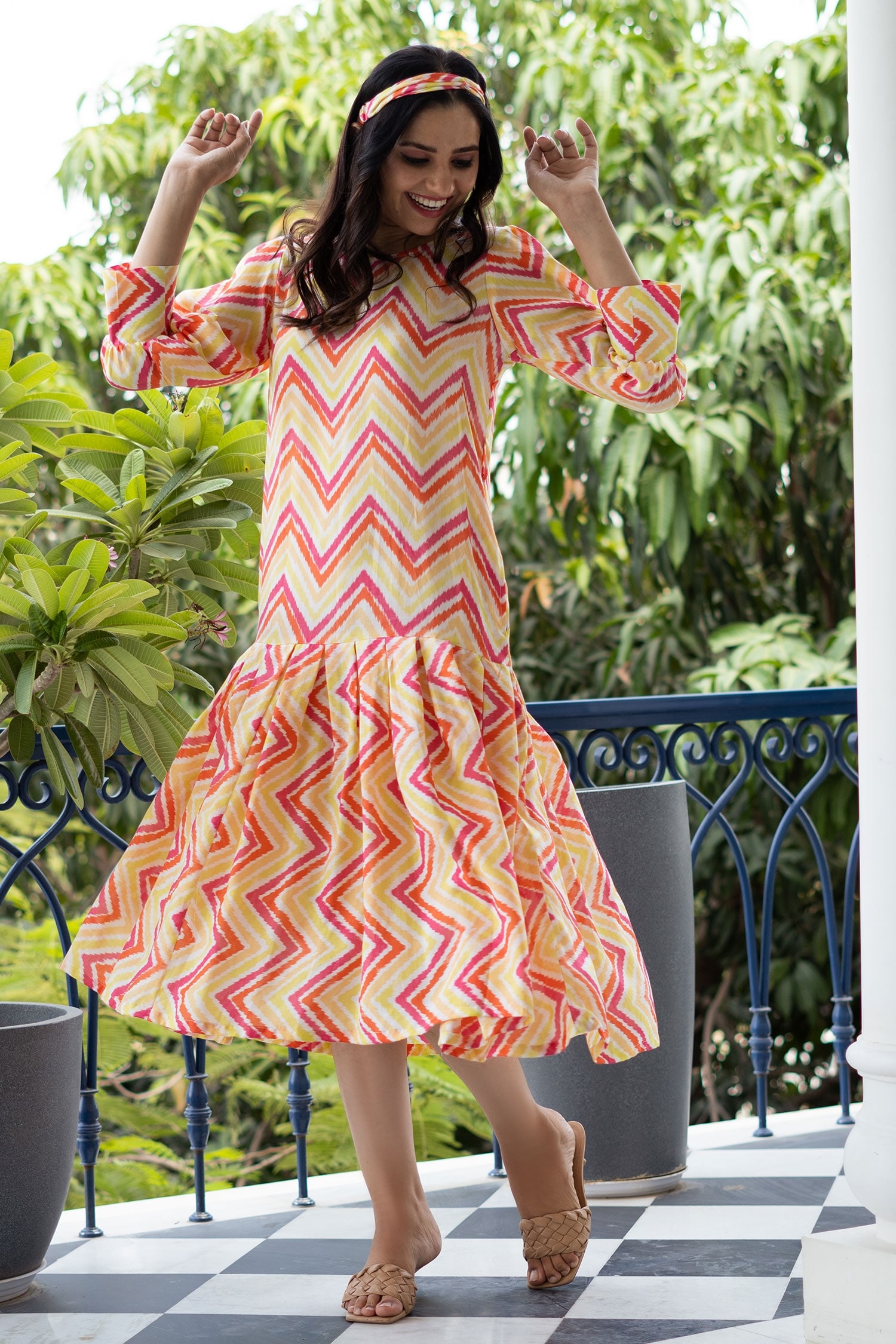 Buy Multi Color Chevron Print Cotton Silk Dress For Women by Rivaaj