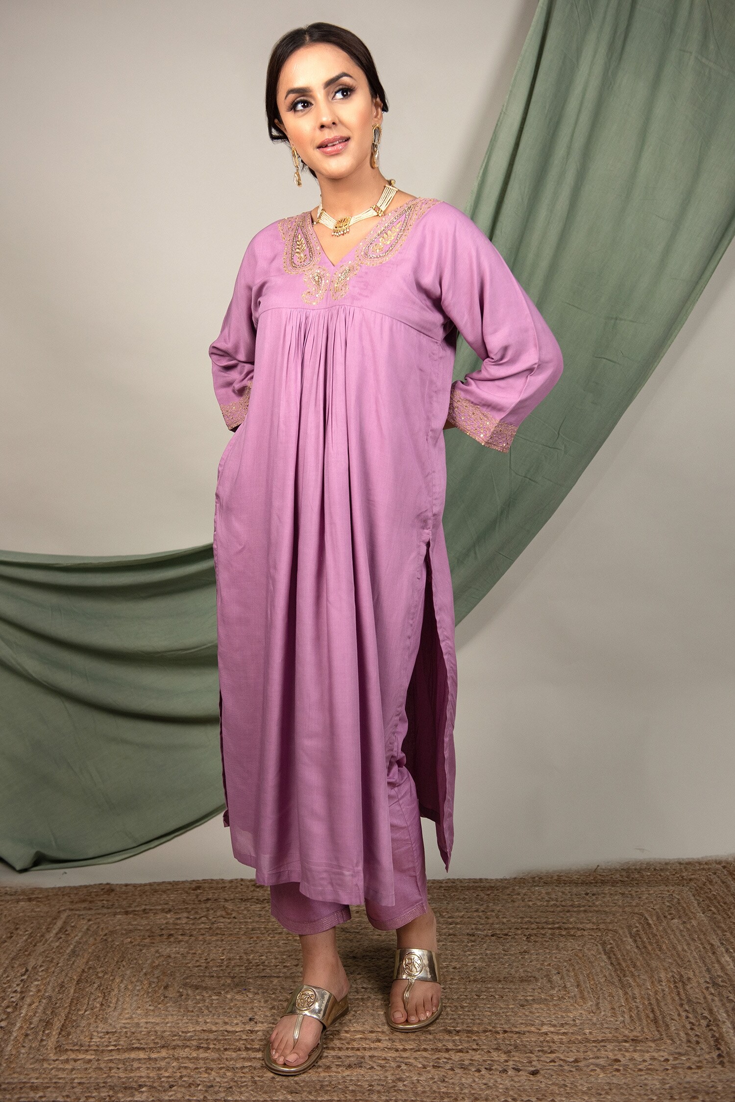 Buy Purple Modal Cotton Embroidered Thread Work V Neck Gathered Kurta ...