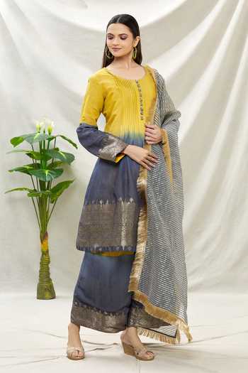 Yellow - Shibori Tye-Dye Chanderi Silk Kurta with Palazzo & Dupatta Set