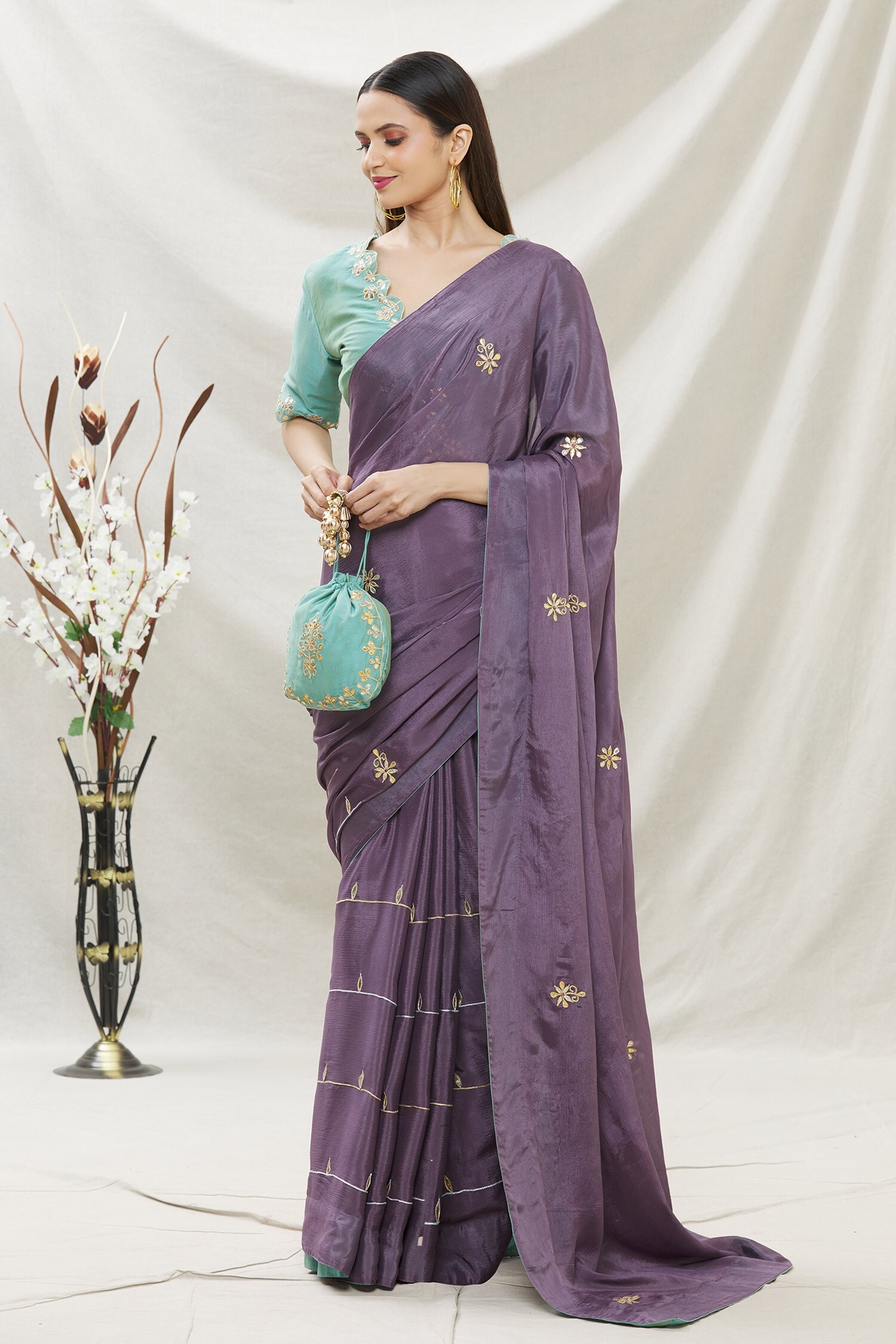 Buy Samyukta Singhania Purple Chinon Floral Embroidered Saree With ...