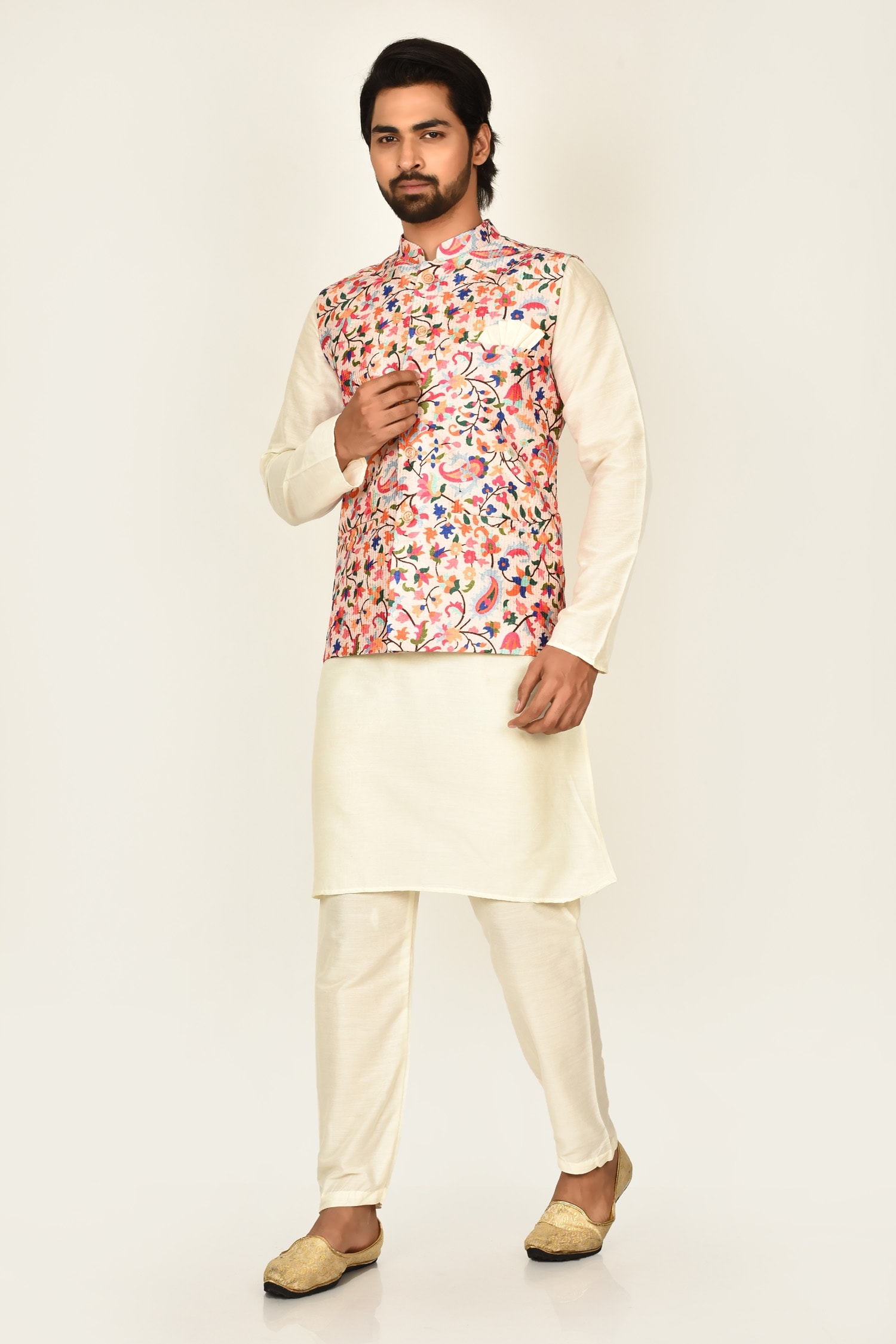 Samyukta Singhania Multi Color Cotton Silk Printed Floral Bundi And Kurta Set For Men