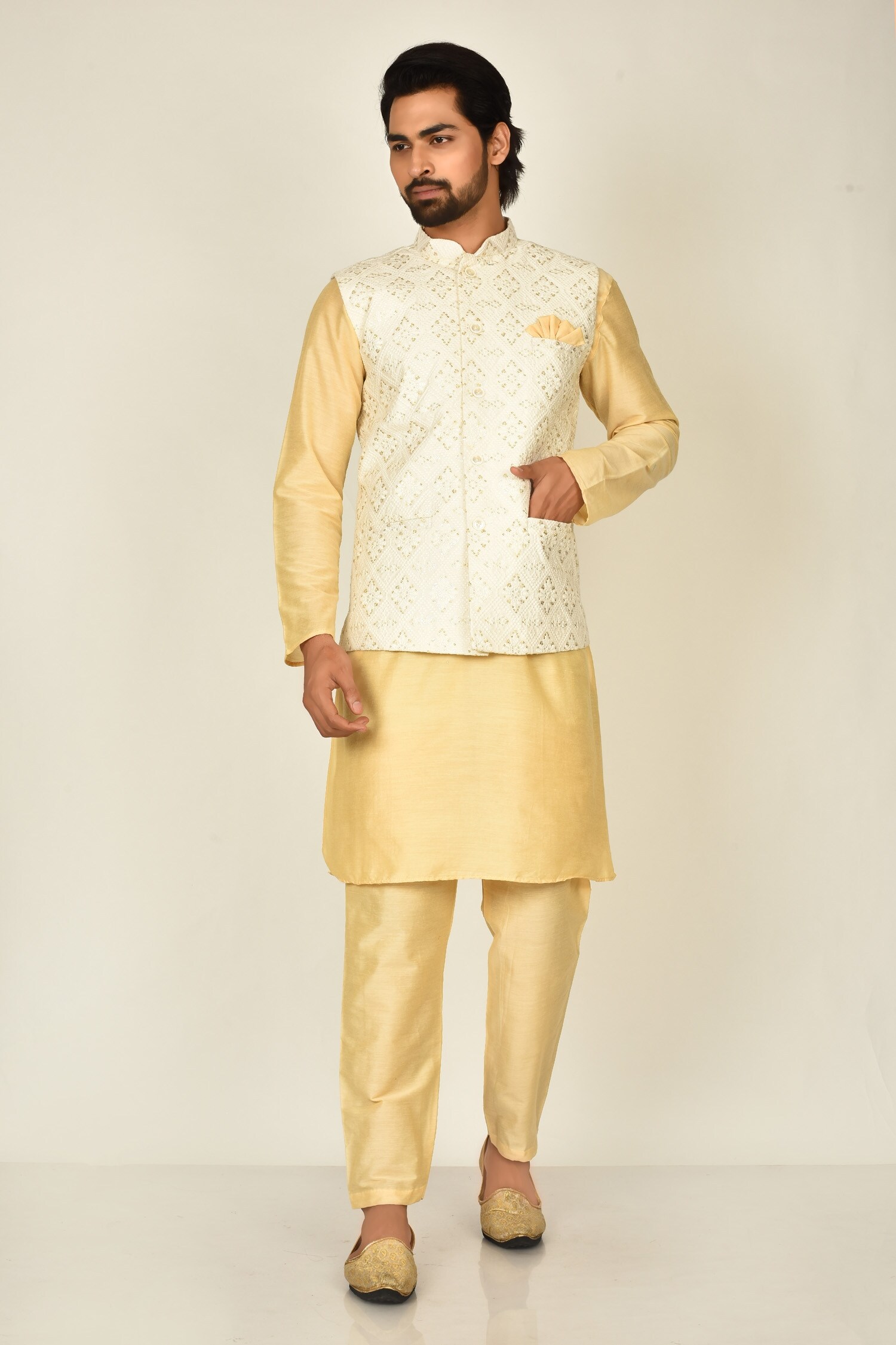 Buy Beige Cotton Silk Embroidered Floral Bundi And Kurta Set For Men by ...