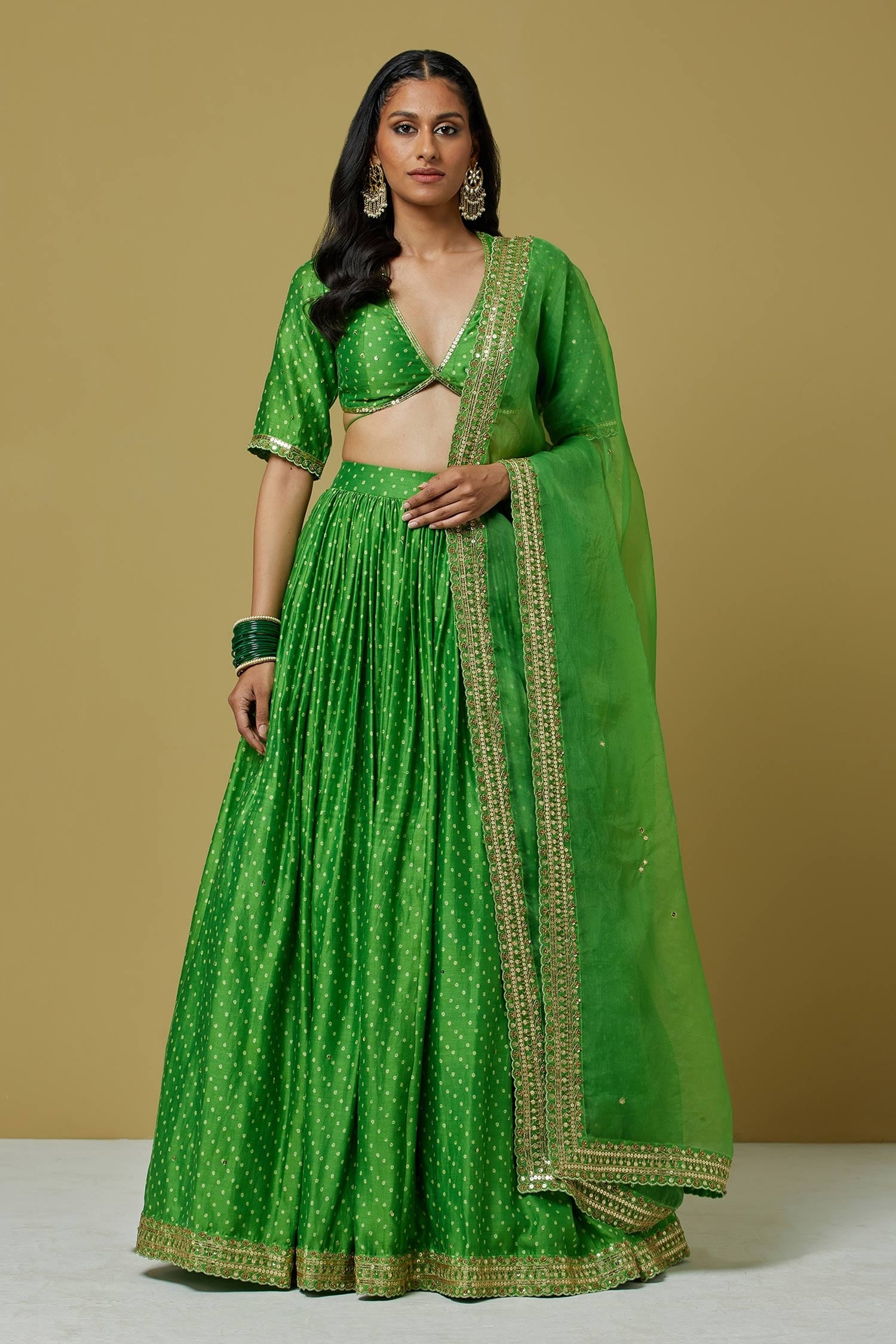 Buy Green Chanderi Printed Bandhani V Neck Lehenga Set For 