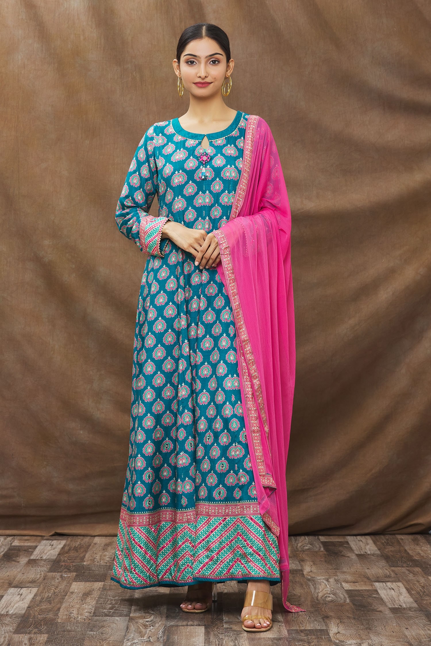 Buy Samyukta Singhania Blue Silk Floral Print Anarkali Set Online | Aza ...