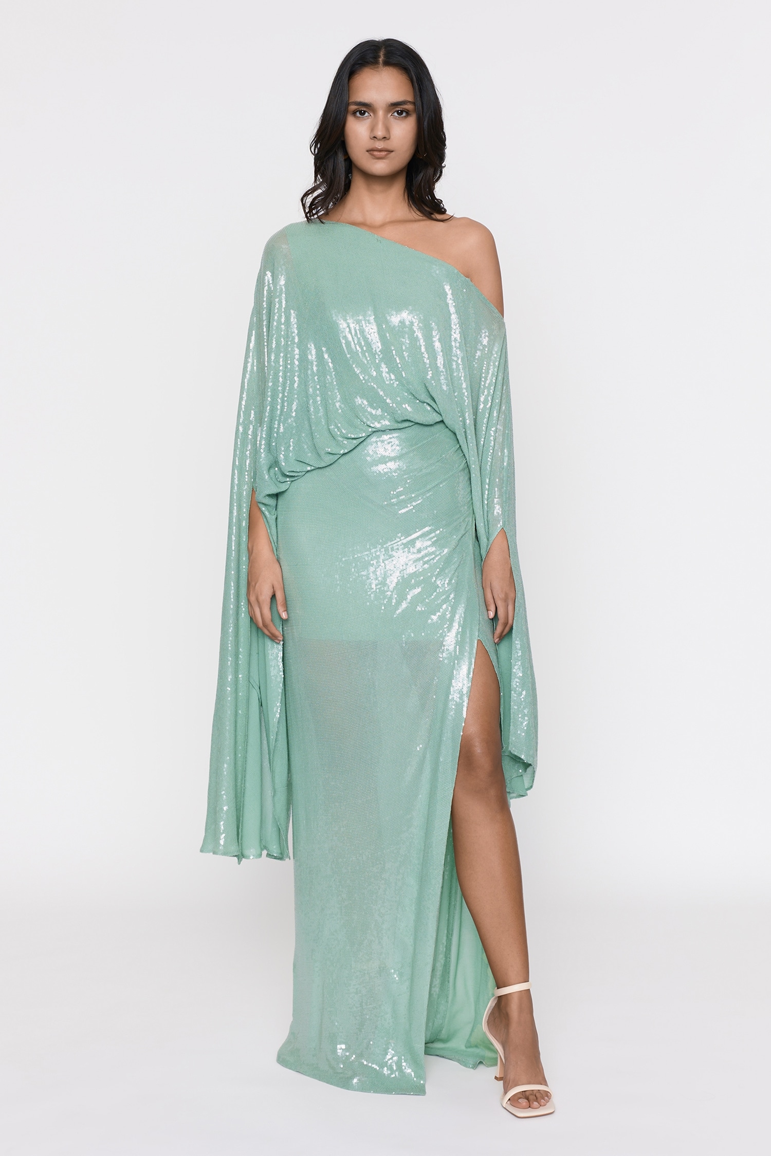 Buy Deme by Gabriella Green Off Shoulder Draped Gown Online | Aza Fashions