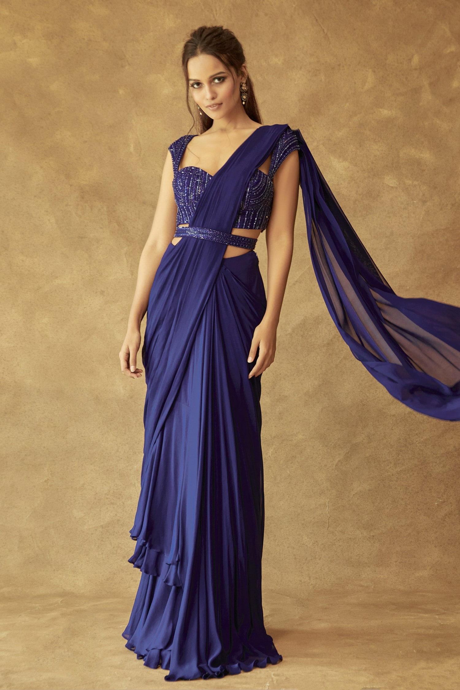 Buy Blue Blouse Organza Silk And Saree Georgette Lining Pre-draped With ...