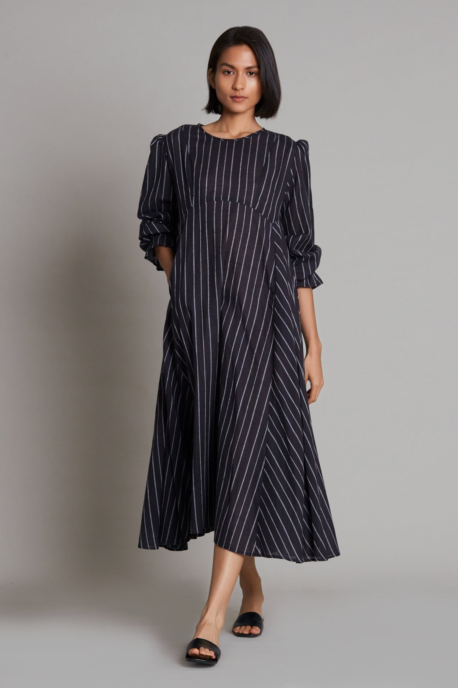 Buy Black Cotton Handwoven Round Vakra Striped Dress For Women by Mati ...