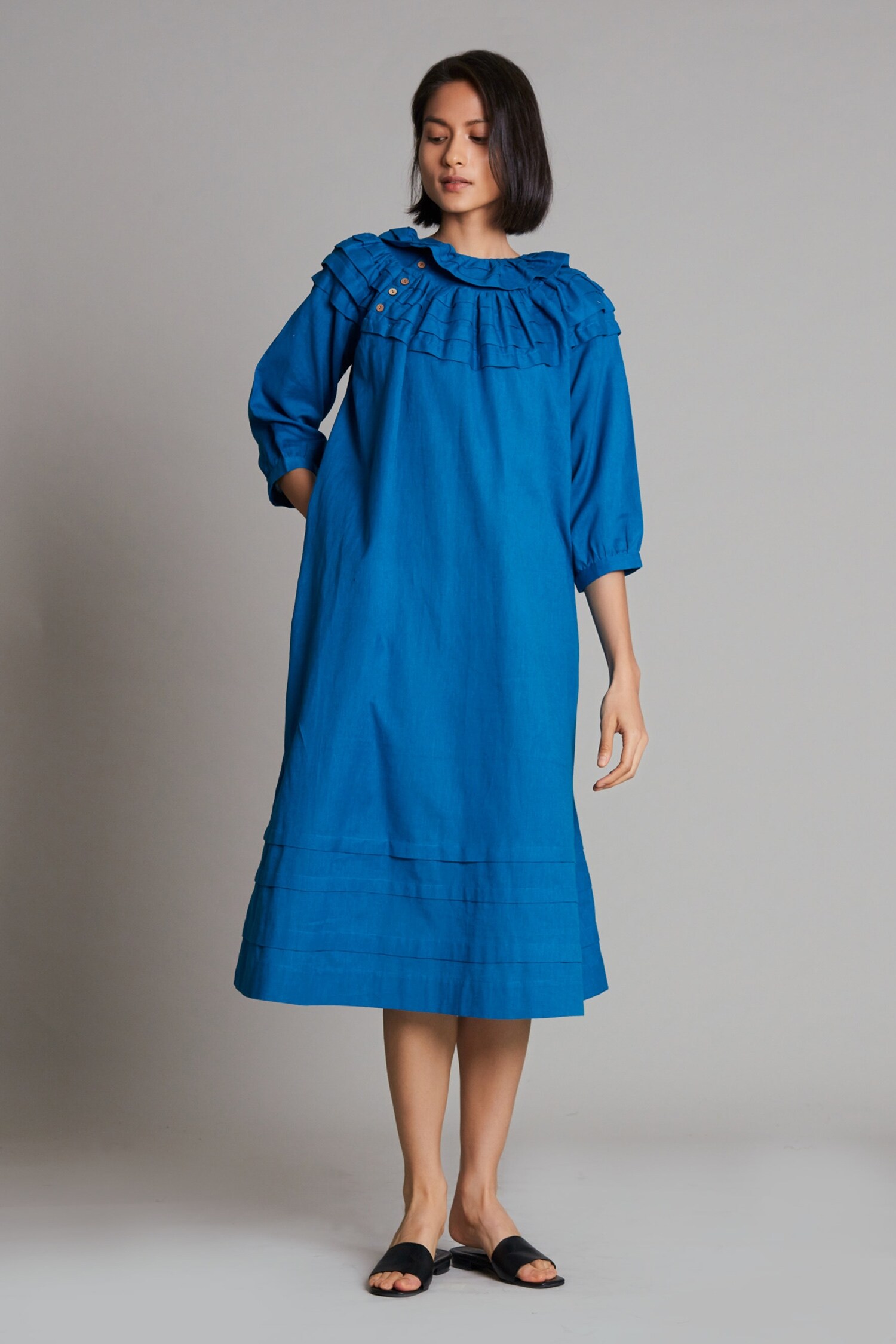 Buy Blue Cotton Handwoven Round Avira Yoke Dress For Women by Mati