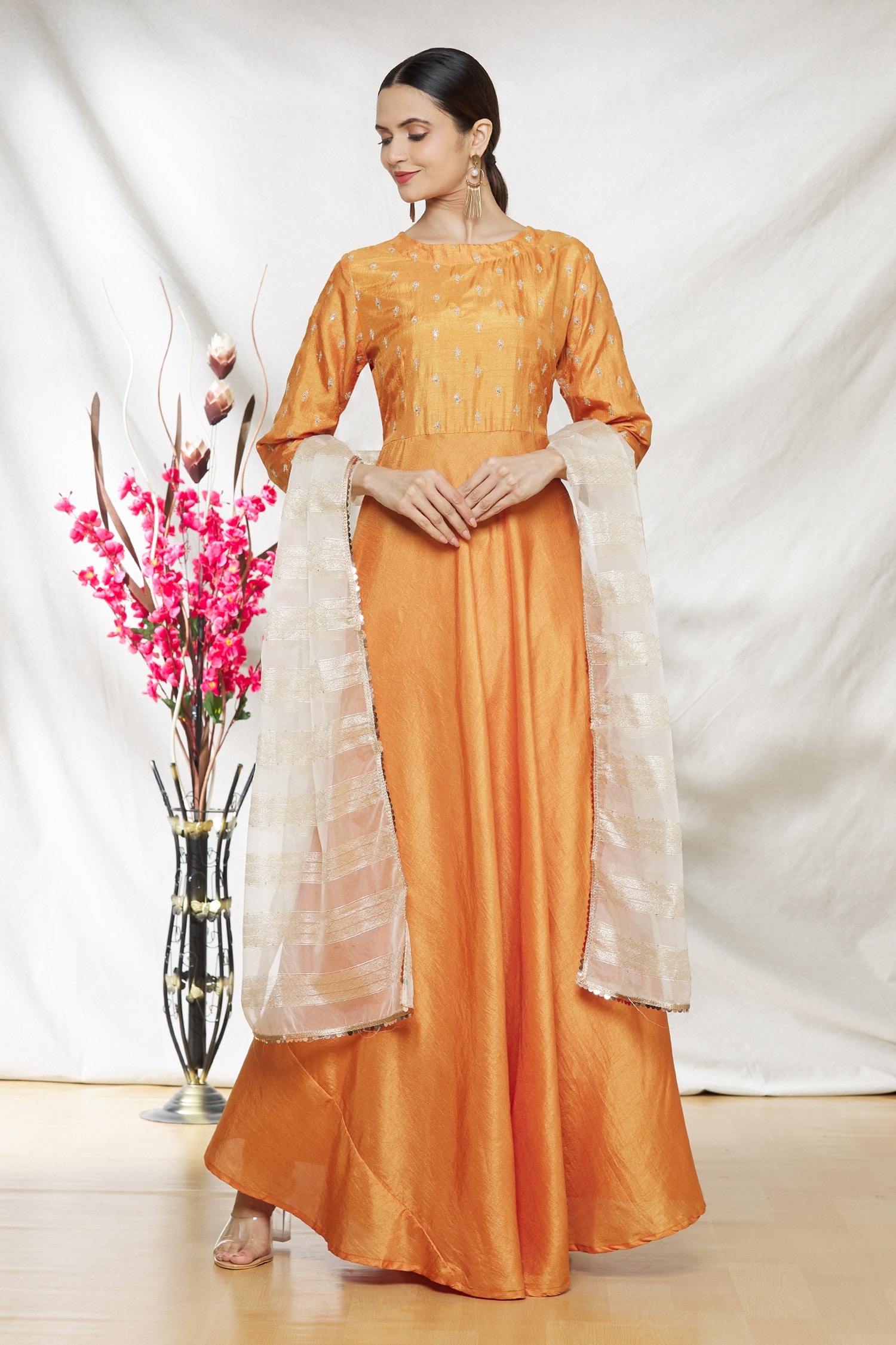 Buy Orange Polyester Embroidered Sequin Round Anarkali For Women By