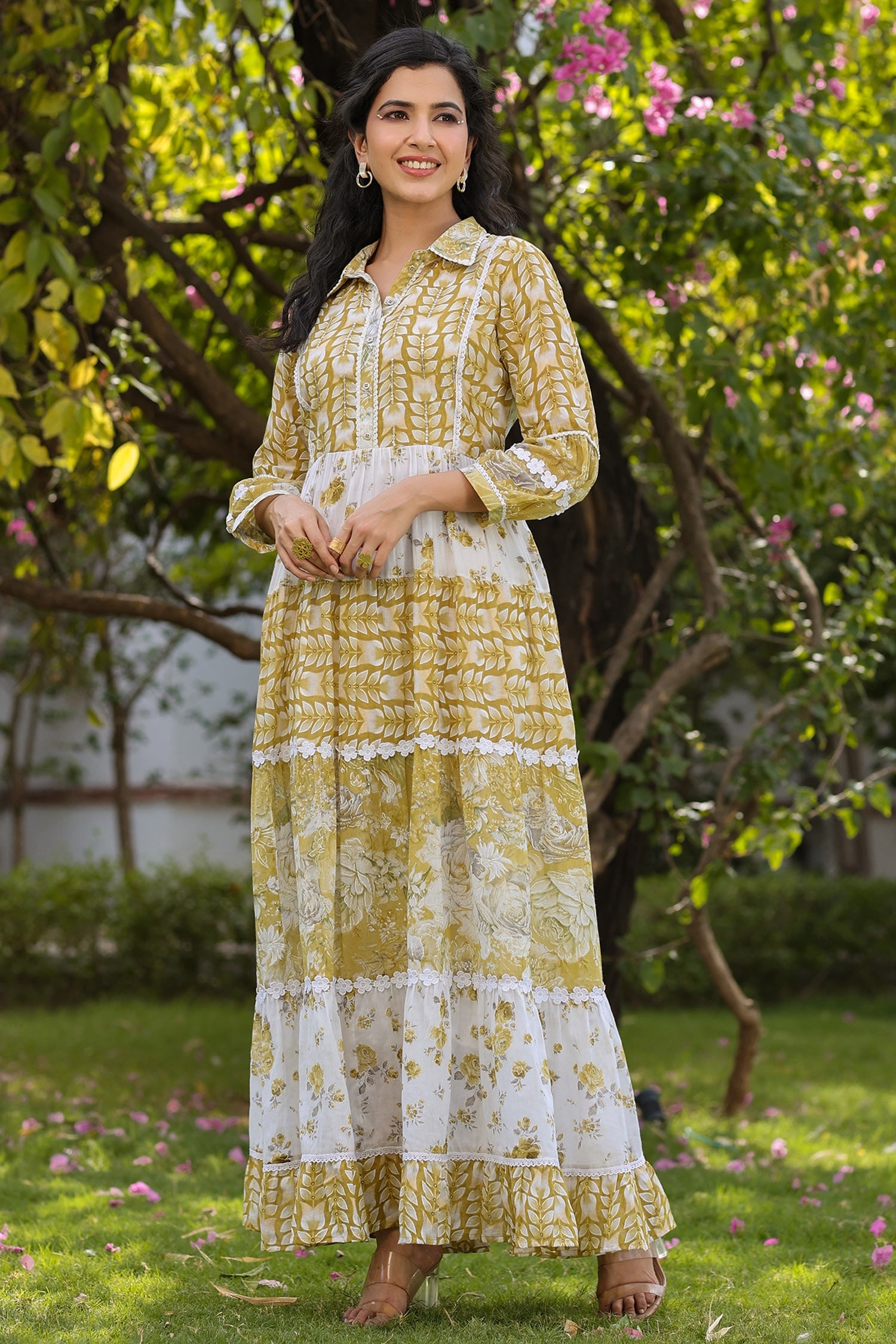 Buy Yellow Mulmul And Embroidery Floral & Sequin Maxi Dress For