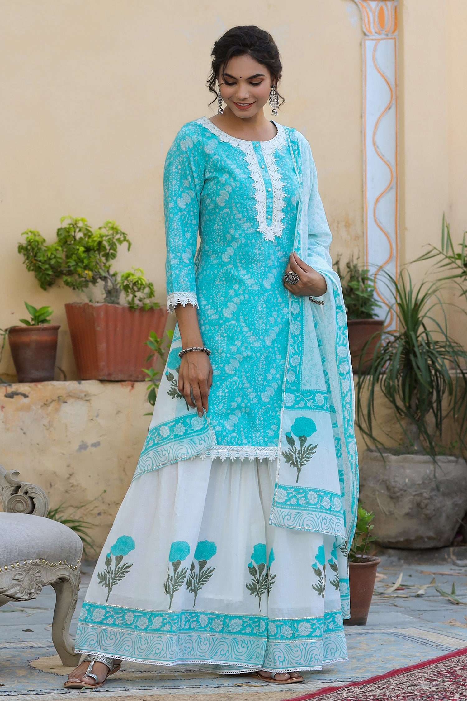 Buy Blue Mulmul And Embroidery Hand Block & Kurta Sharara Set For Women ...