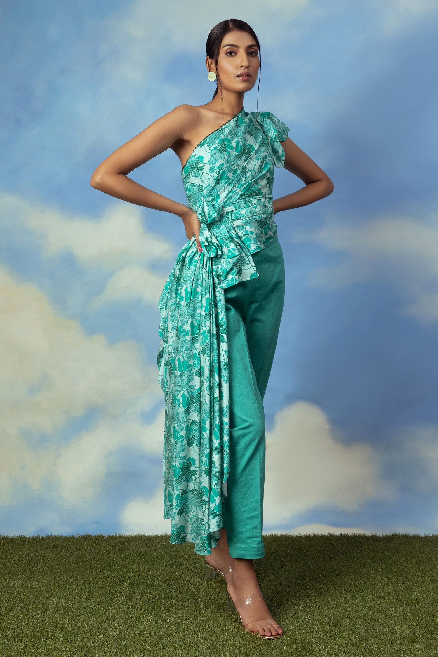 Buy Green Silk Chanderi And Print Digital Satin Top & Pant