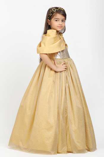 Wavlynn Long Asymmetrical Gold Tulle Dress For Girls With Puff Sleeves And Round Neckline main image 0
