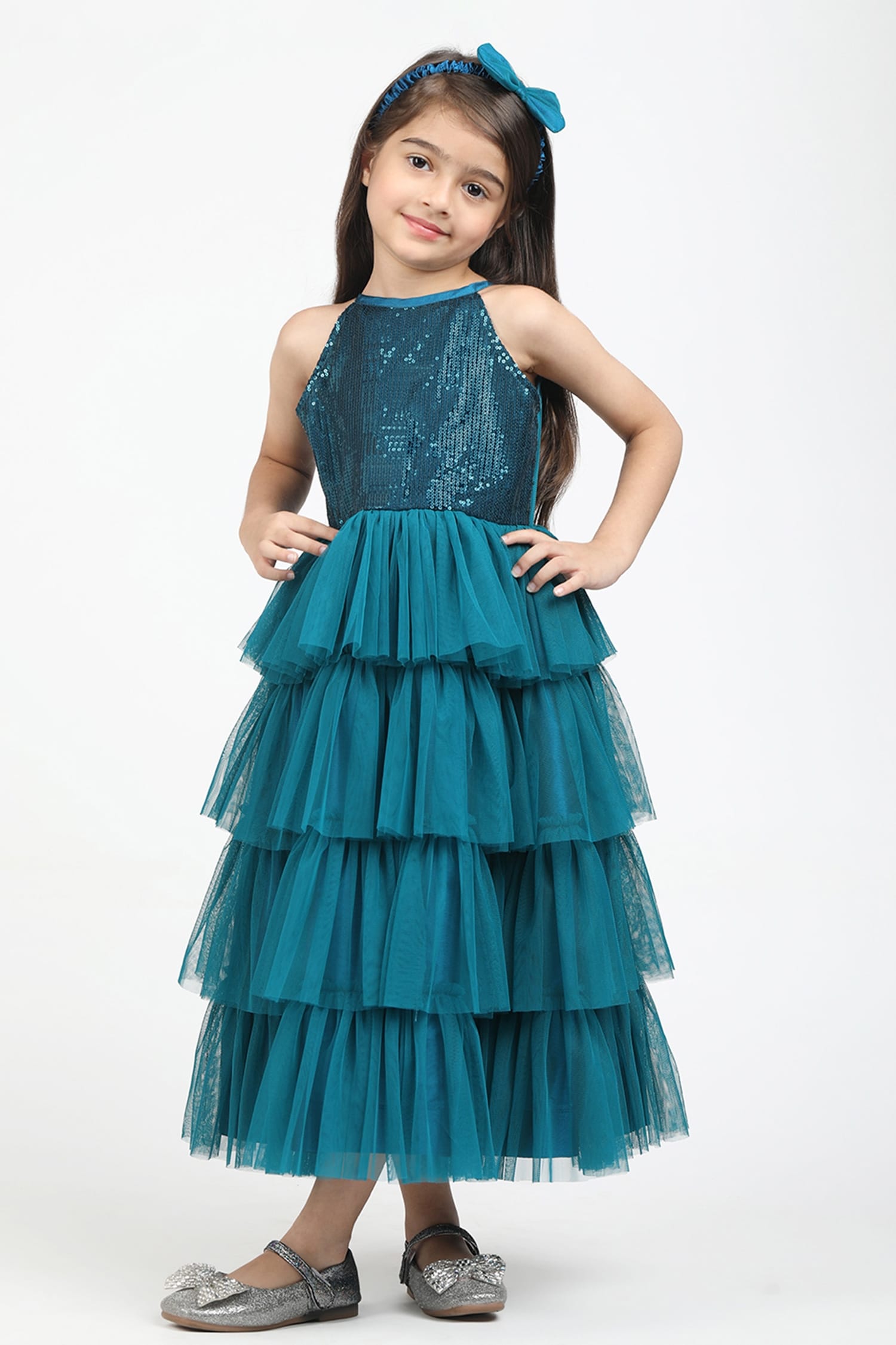 Buy Jelly Jones Green Net Layered Gown For Girls Online | Aza Fashions