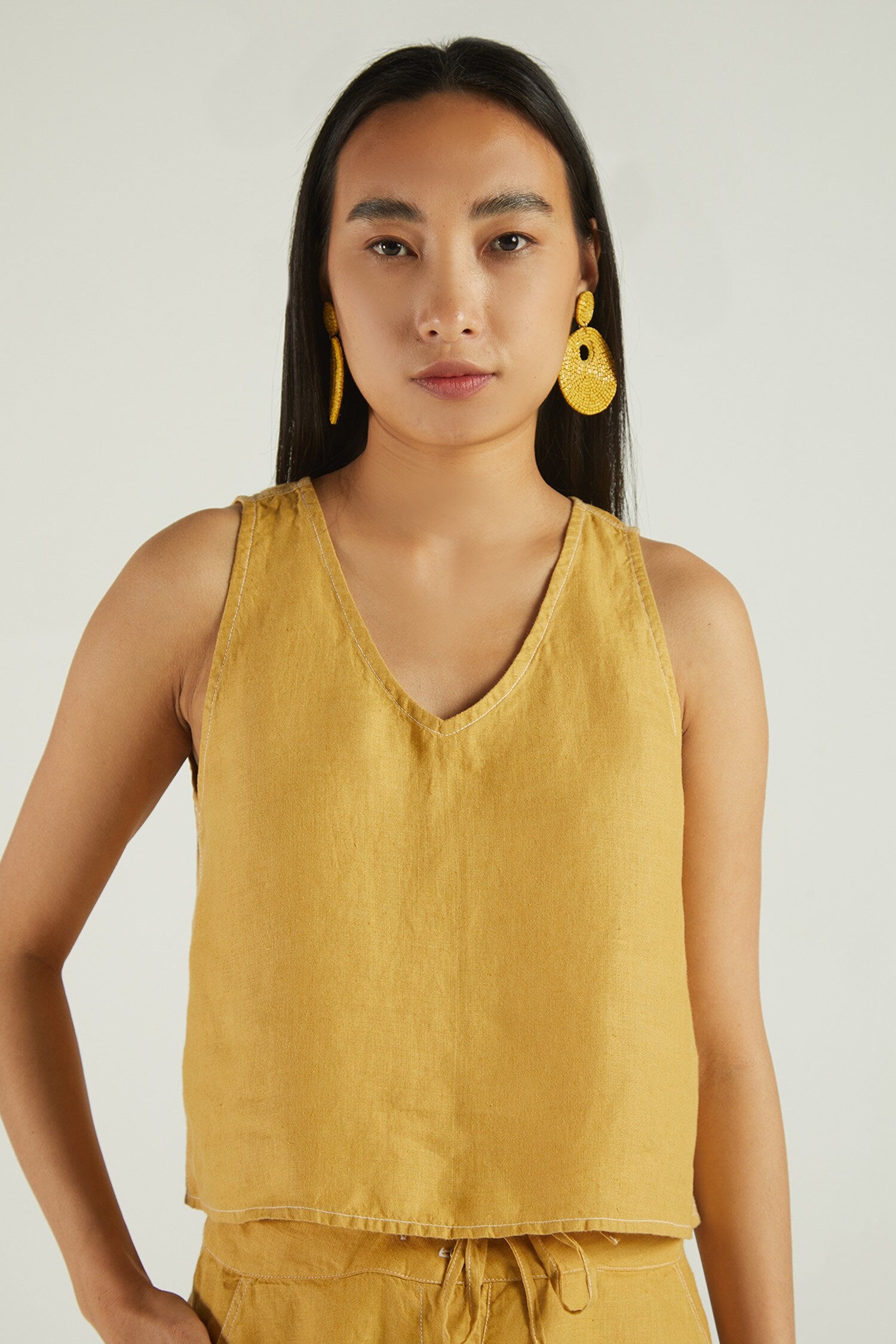 Buy Yellow 100 Hemp Lace Trims V Neck Sleeveless Crop Top For Women by