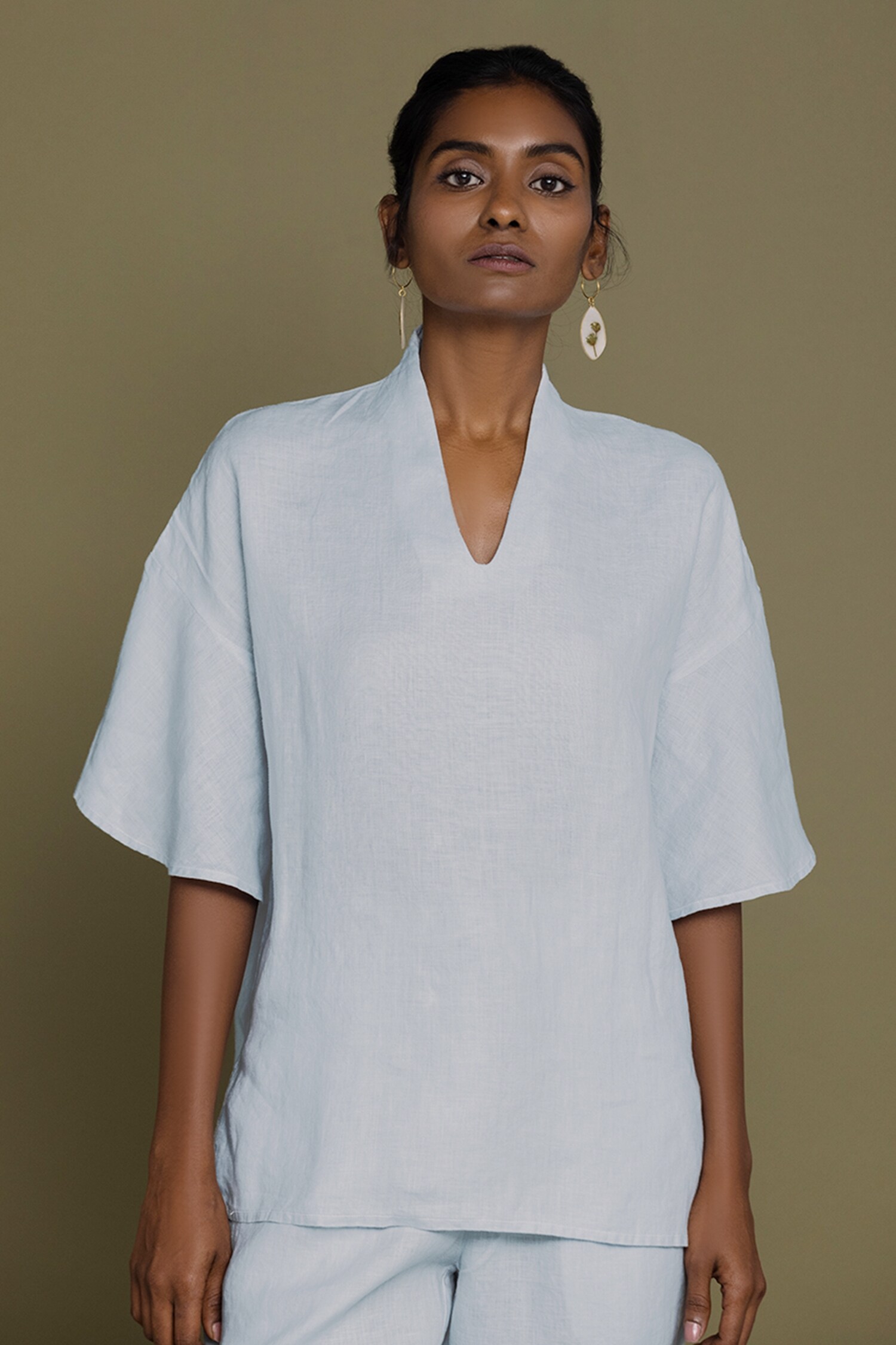 Buy Blue Hemp Solid V Neck Ruffle Sleeve Top For Women by Reistor ...