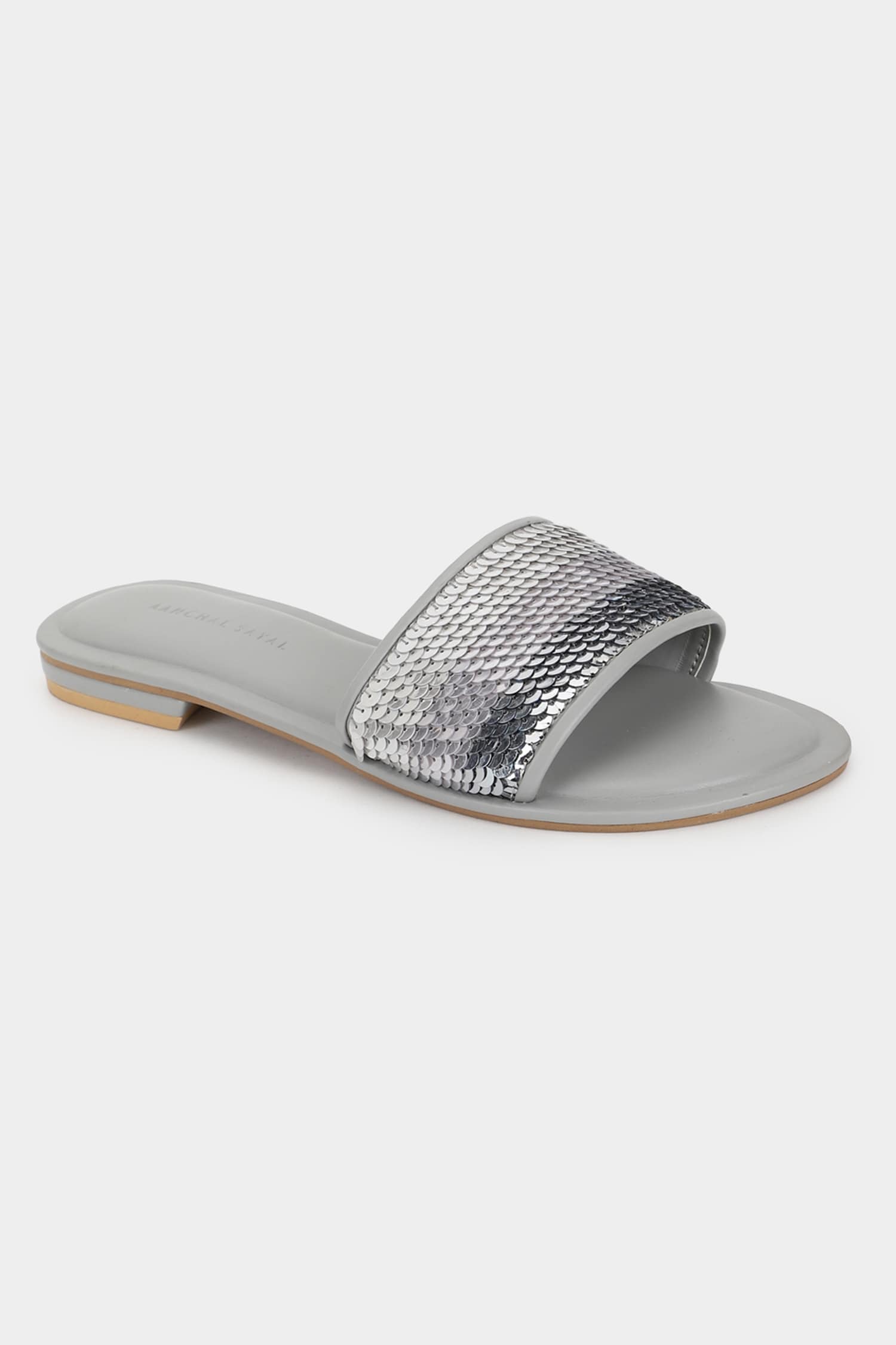 Buy Aanchal Sayal Silver Faux Leather Shy Embroidered Sliders Online ...