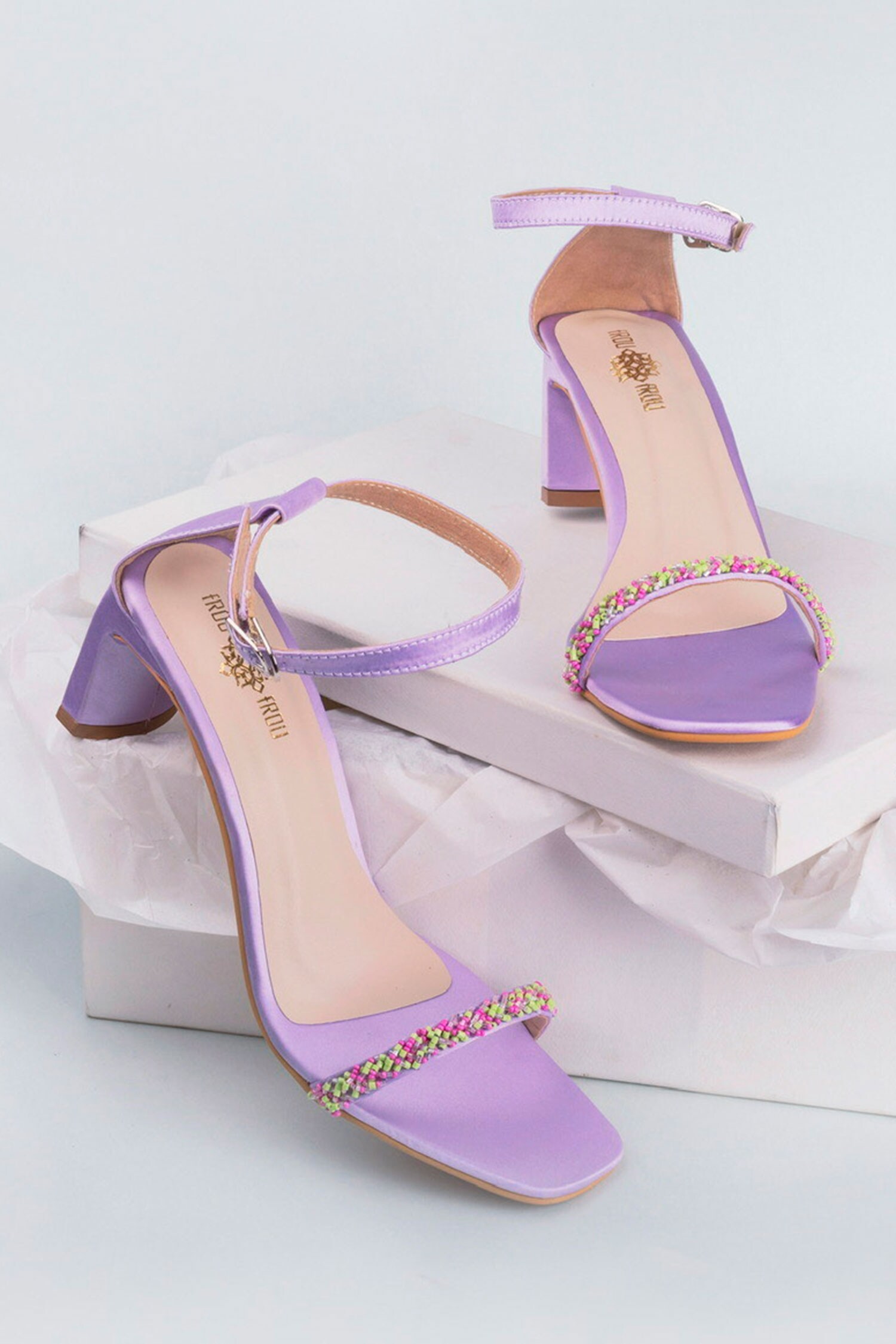 Buy The Frou Frou Studio Purple Satin Embellished Strap Block Heels ...