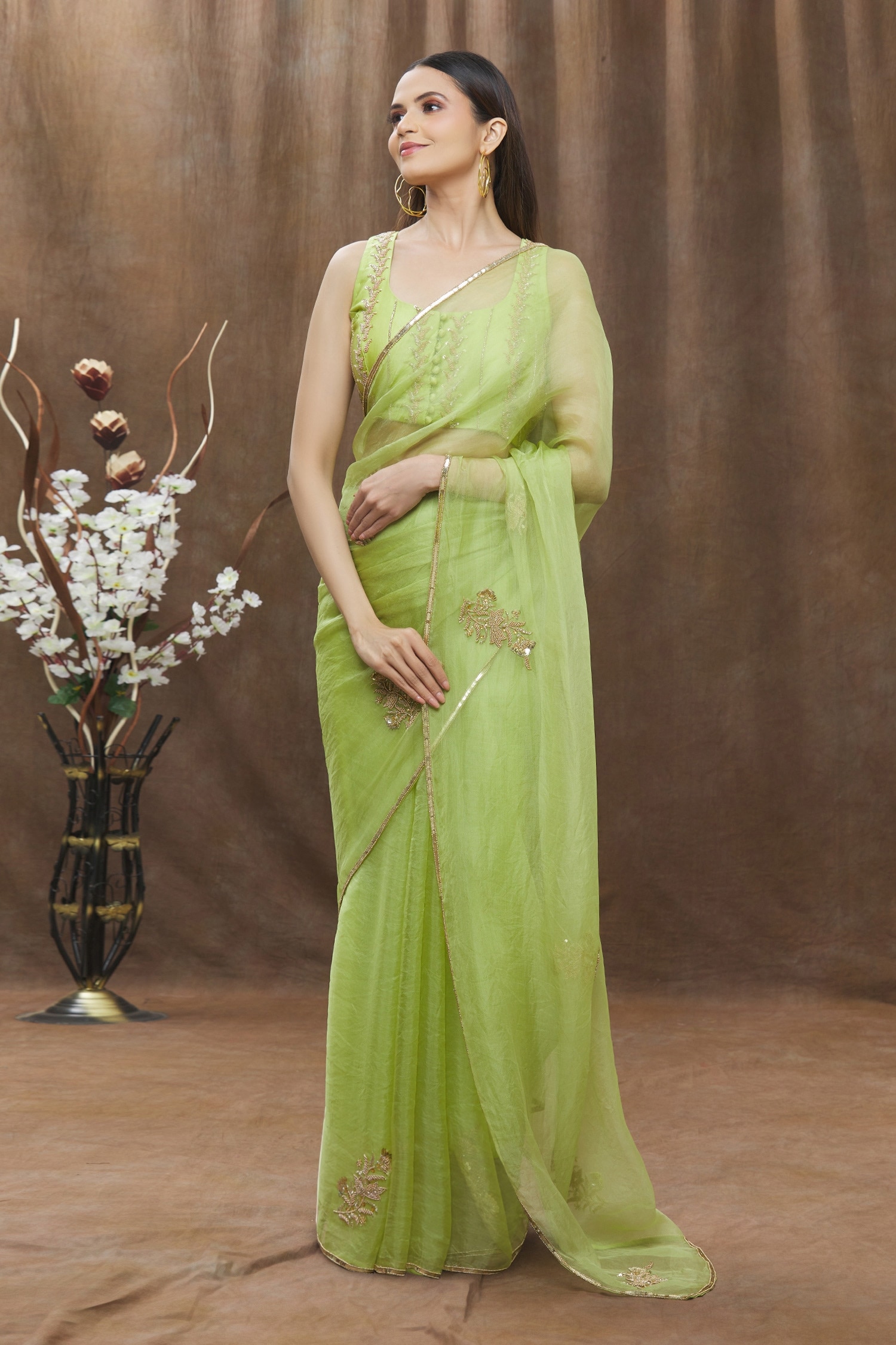 Buy Green Saree Pure Organza And Blouse Satin Placement With For