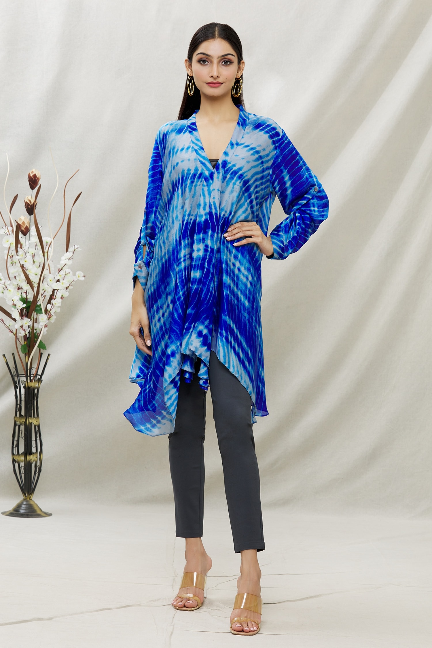 Buy Blue Satin Tie And Dye V Neck Asymmetric Tunic For Women By Kommal Sood Online At Aza Fashions 2164