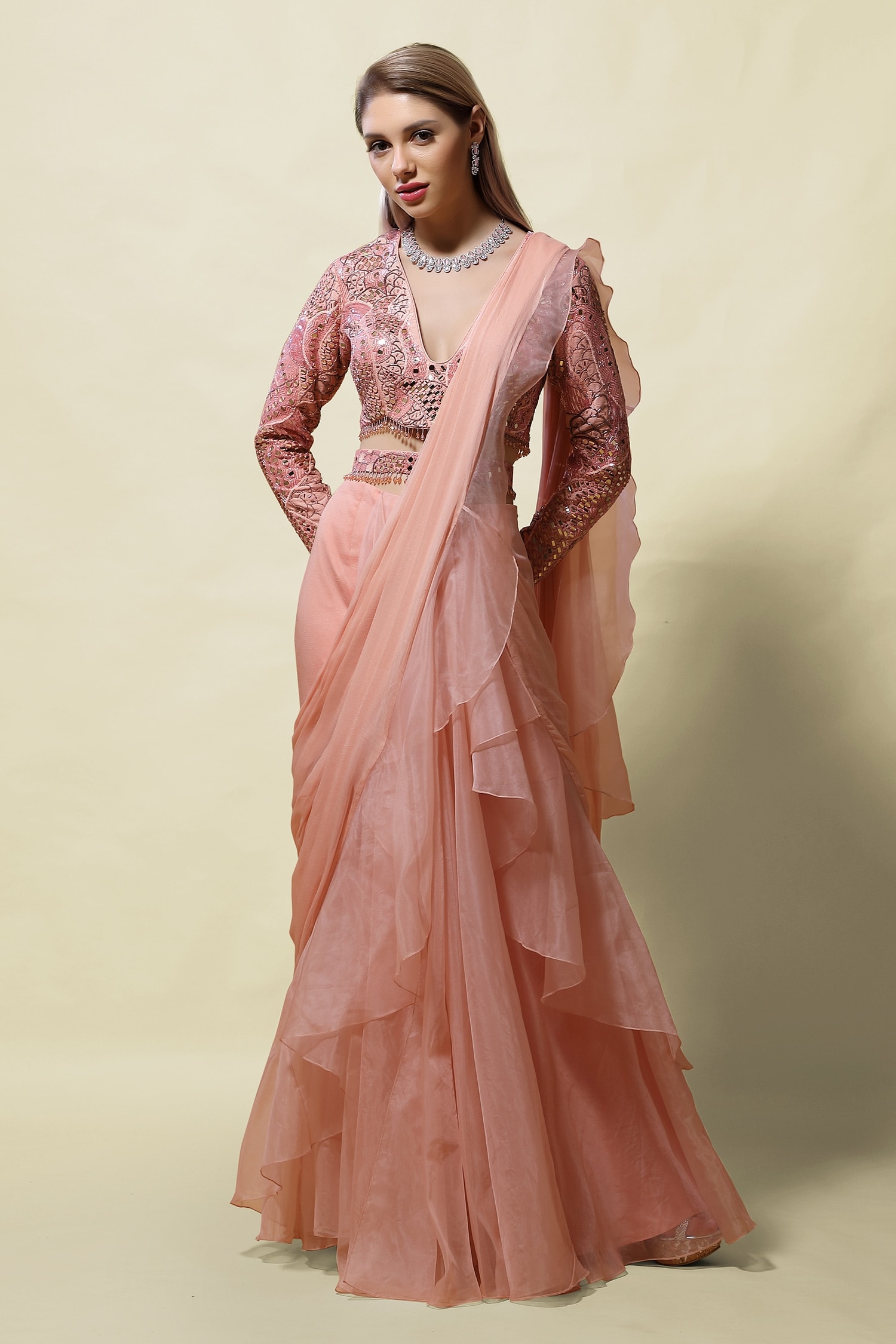 Asaga Pink Blouse: Silk Lehenga: Organza Rati Ruffle Pre-draped Saree With For Women