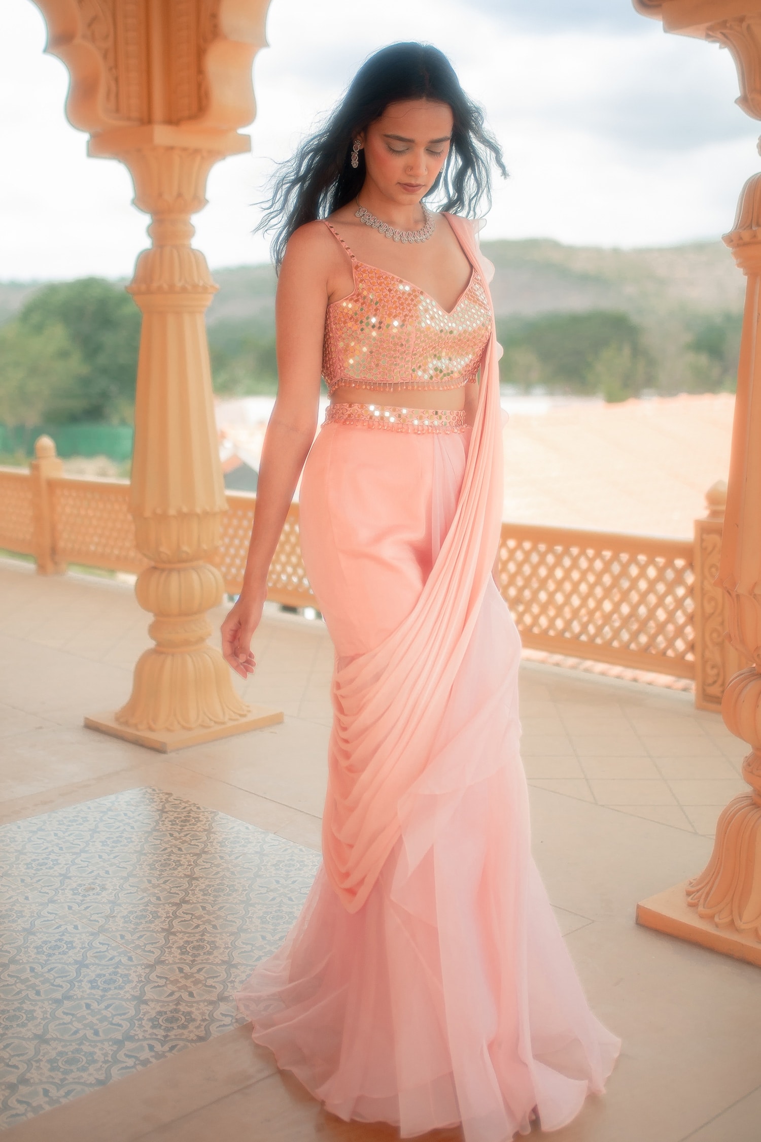 Asaga Pink Blouse: Silk Lehenga: Organza Srisa Ruffle Pre-draped Saree With For Women