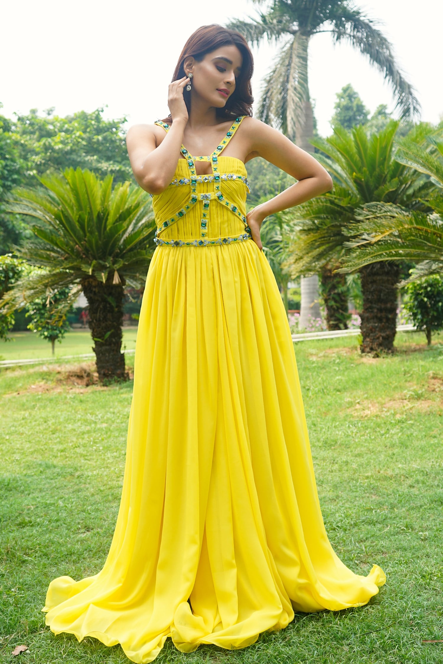 Buy Laxmishriali Yellow Georgette Draped Gown Online | Aza Fashions