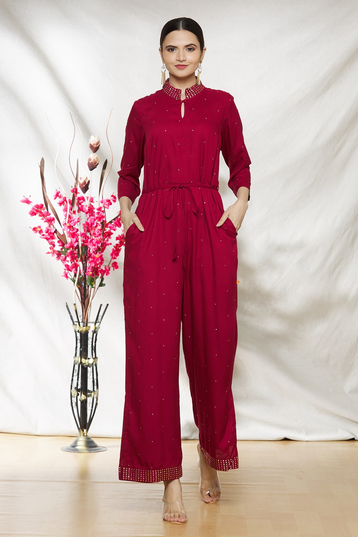 Buy Maroon Rayon Embellished Sequin Mandarin Collar Jumpsuit For Women