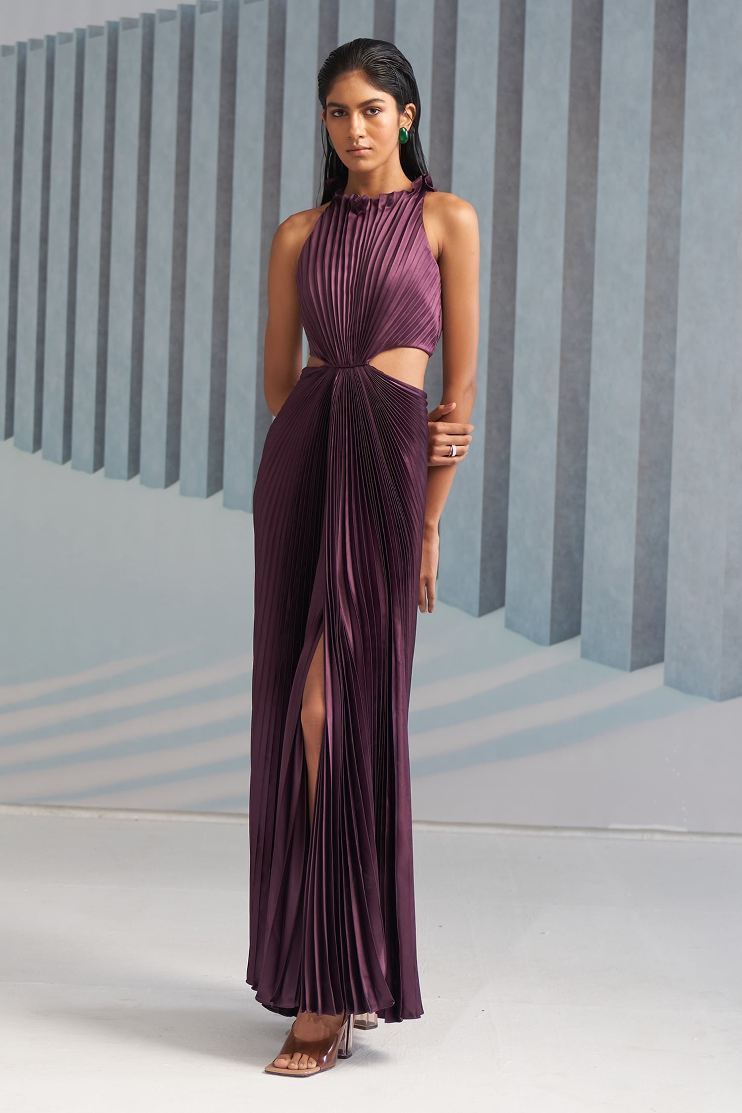 Buy Purple Crepe Plain Round Halter Neck Pleated Gown For Women by ...