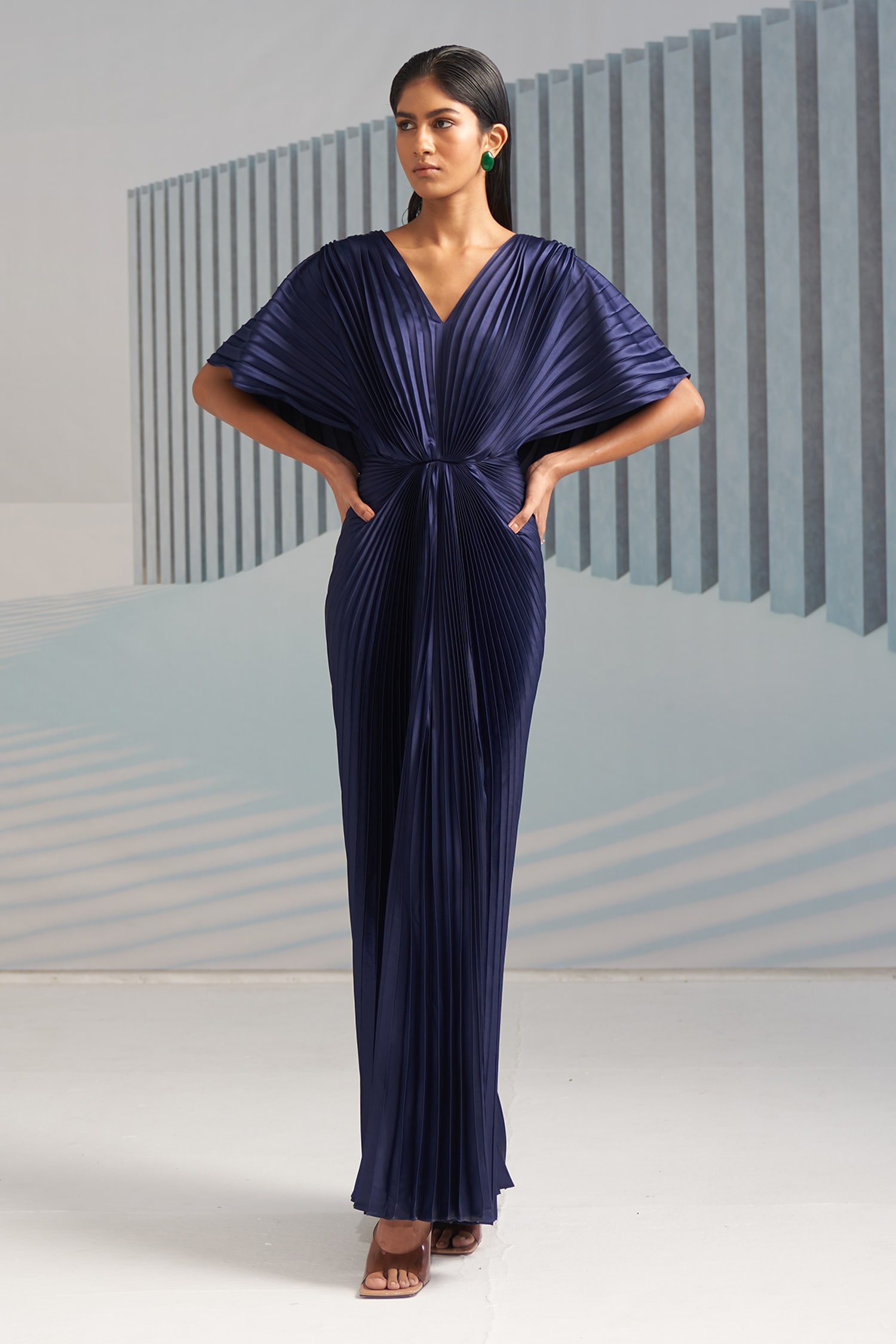 Buy Blue Crepe Plain V Neck Flared Sleeve Pleated Gown For Women by ...