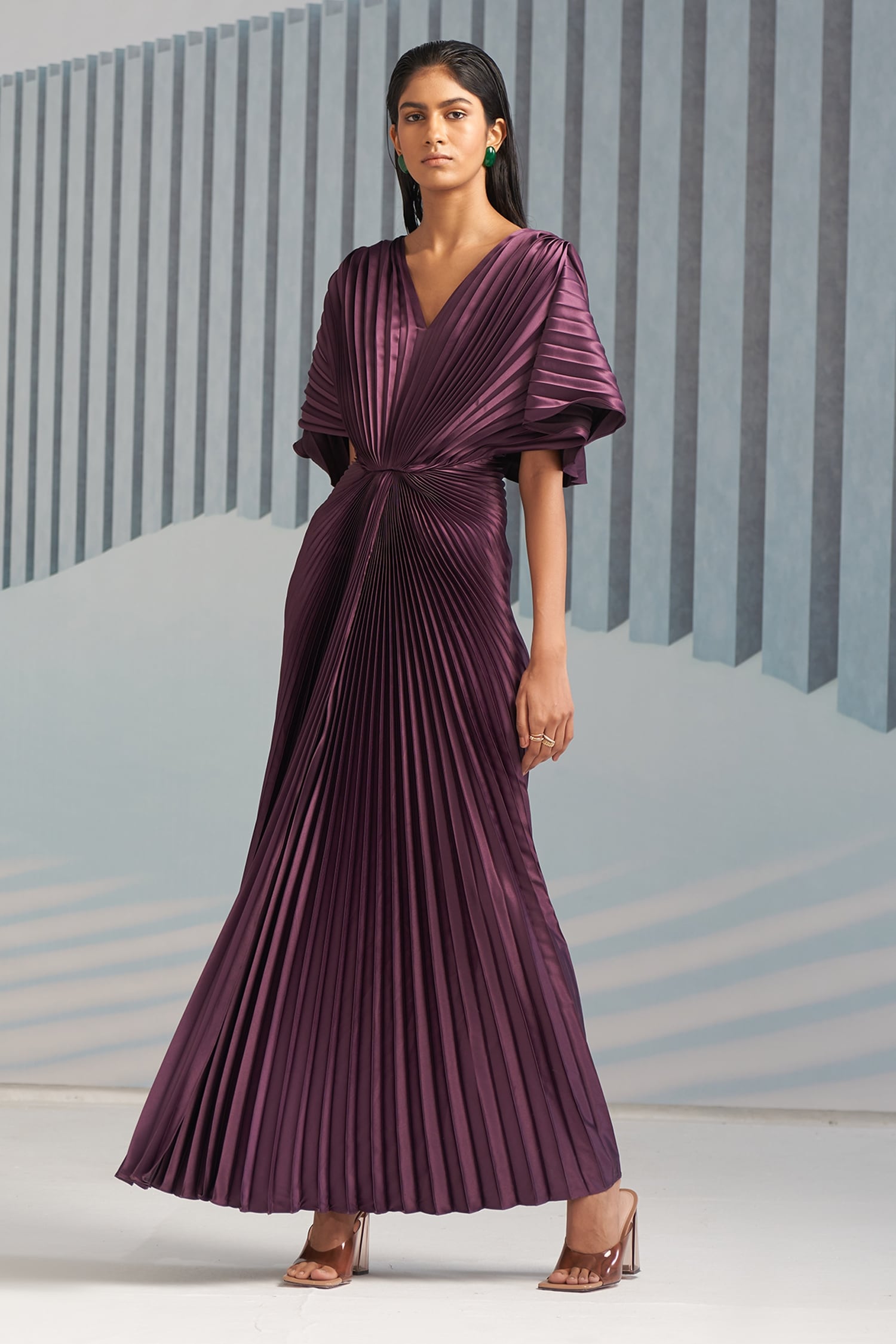 Pleats By Aruni Purple Crepe Plain V Neck Flared Sleeve Pleated Gown For Women