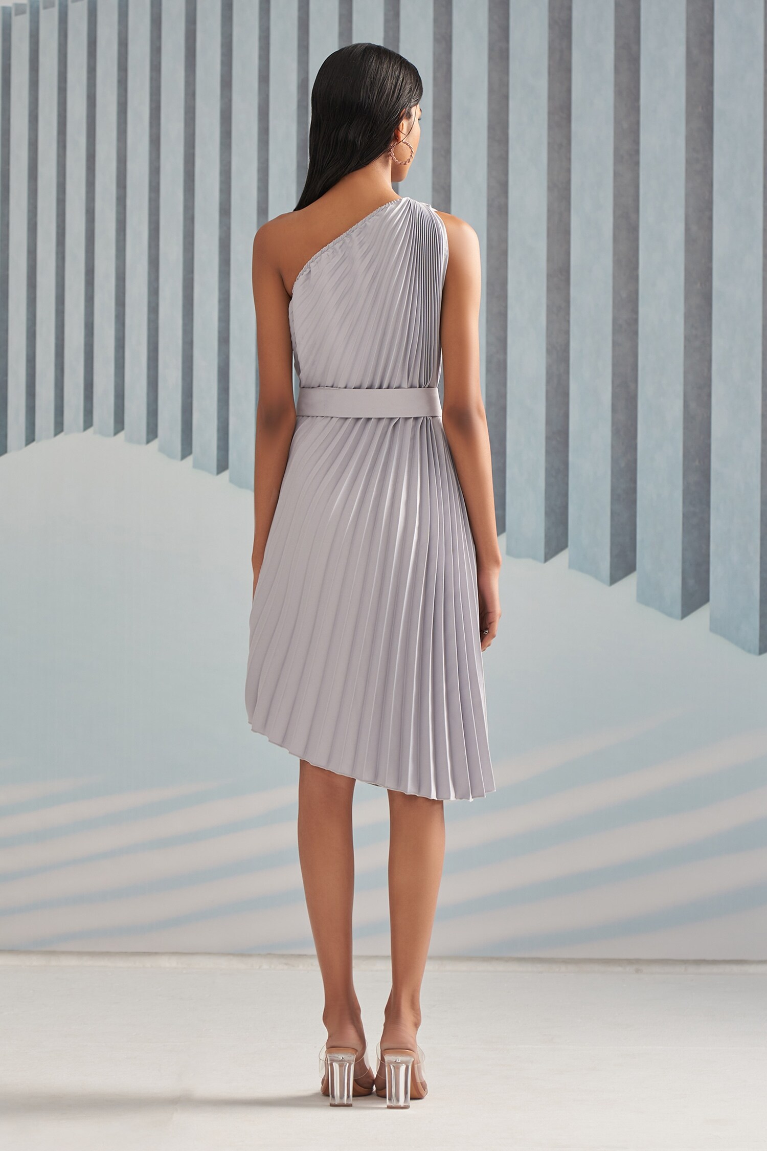 Buy Pleats By Aruni Silver Satin Crepe One Shoulder Pleated Dress Online | Aza Fashions